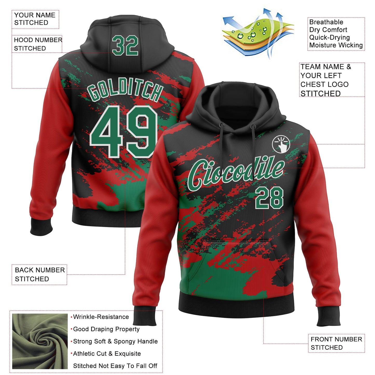 Custom Stitched Black Kelly Green Red-White 3D Pattern Design Abstract Fragment Art Splash Sports Pullover Sweatshirt Hoodie view 2