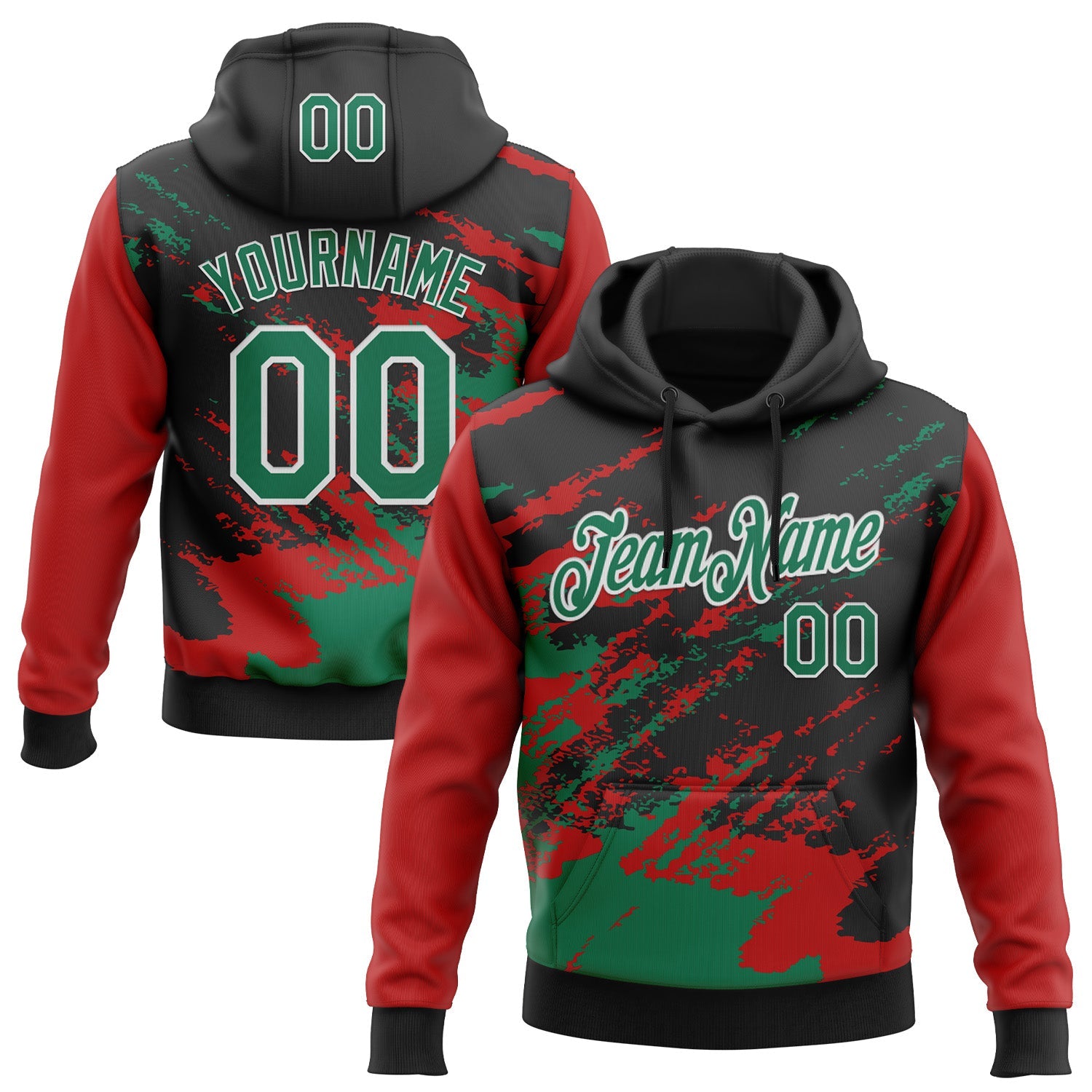 Custom Stitched Black Kelly Green Red-White 3D Pattern Design Abstract Fragment Art Splash Sports Pullover Sweatshirt Hoodie - Main View