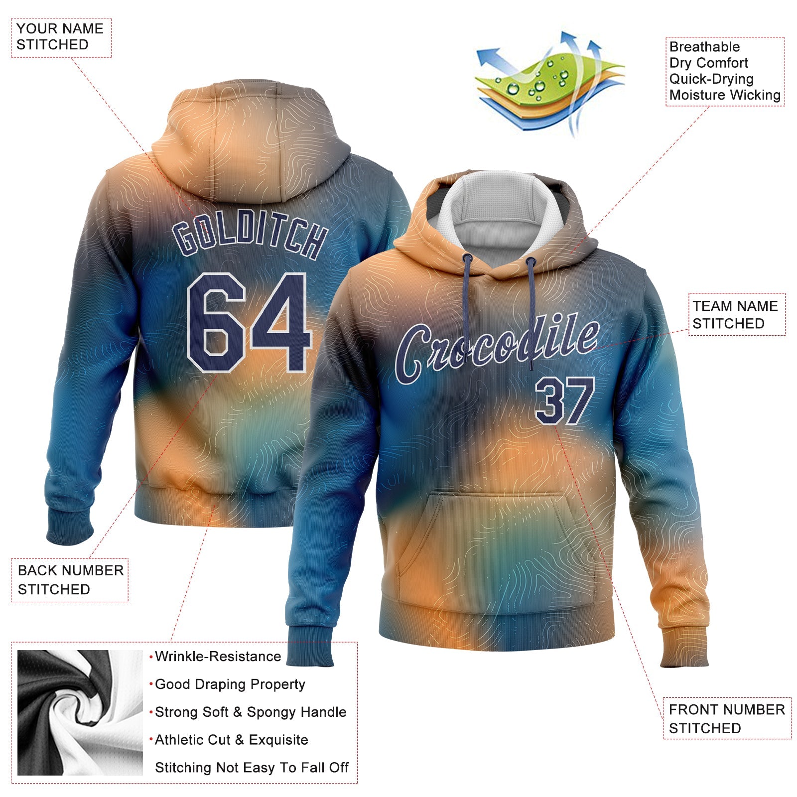 Custom Stitched Gold Navy Light Blue-White 3D Pattern Design Sports Pullover Sweatshirt Hoodie view 2