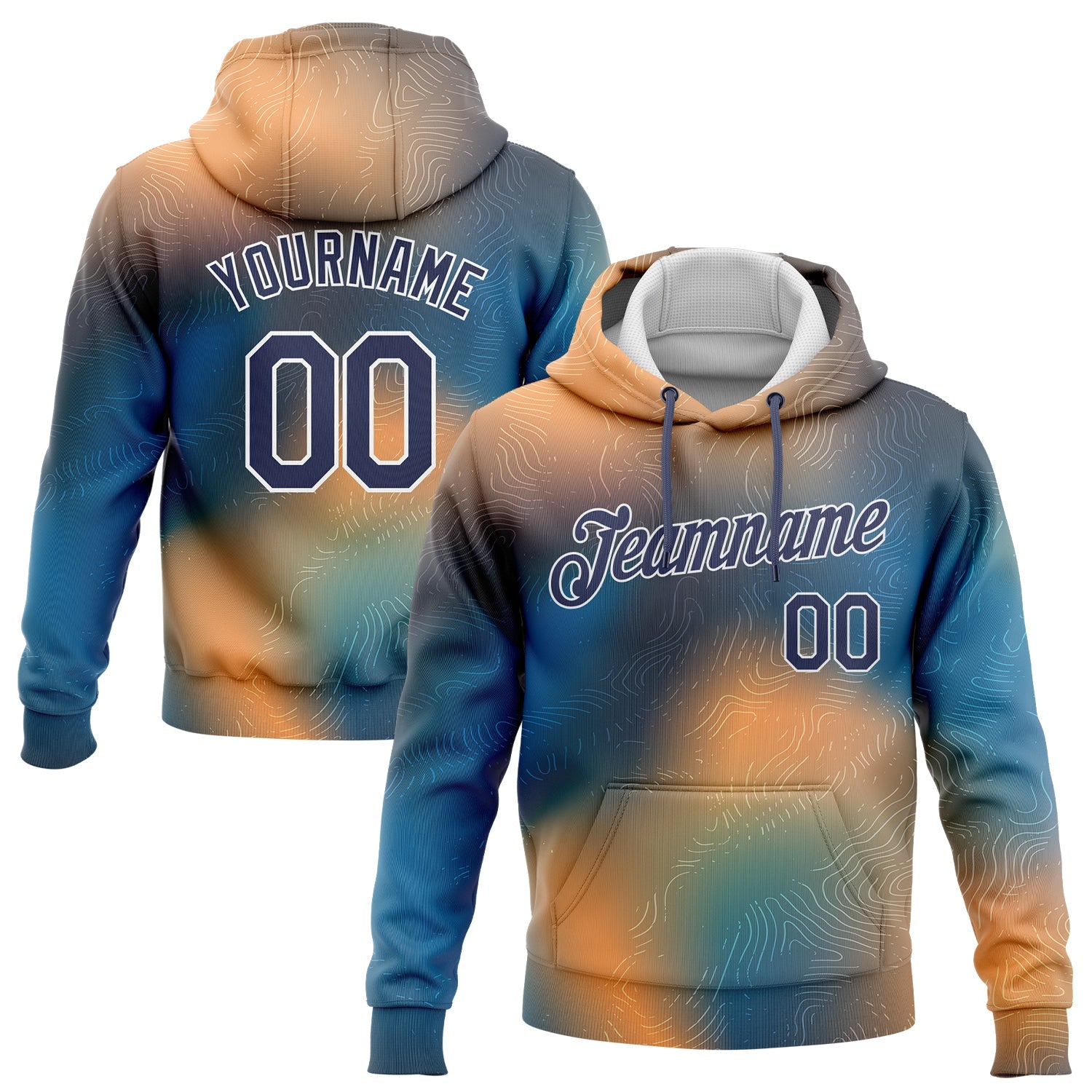 Custom Stitched Gold Navy Light Blue-White 3D Pattern Design Sports Pullover Sweatshirt Hoodie - Main View