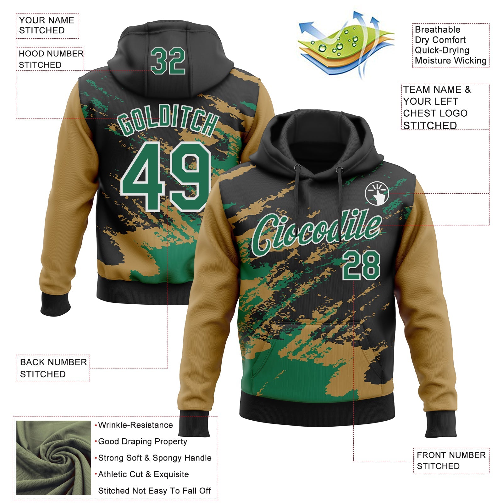 Custom Stitched Black Kelly Green Old Gold-White 3D Pattern Design Abstract Fragment Art Splash Sports Pullover Sweatshirt Hoodie view 2