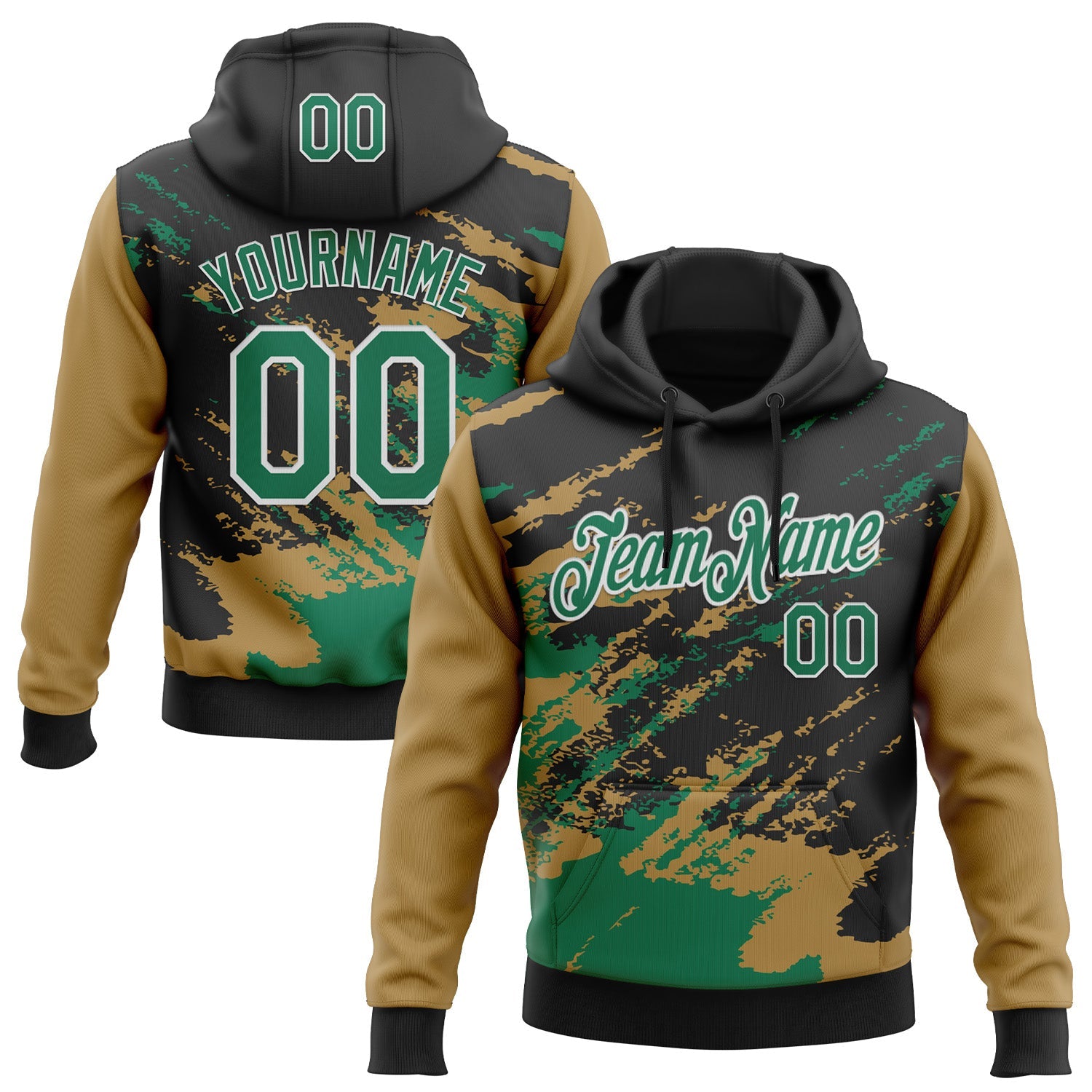 Custom Stitched Black Kelly Green Old Gold-White 3D Pattern Design Abstract Fragment Art Splash Sports Pullover Sweatshirt Hoodie - Main View