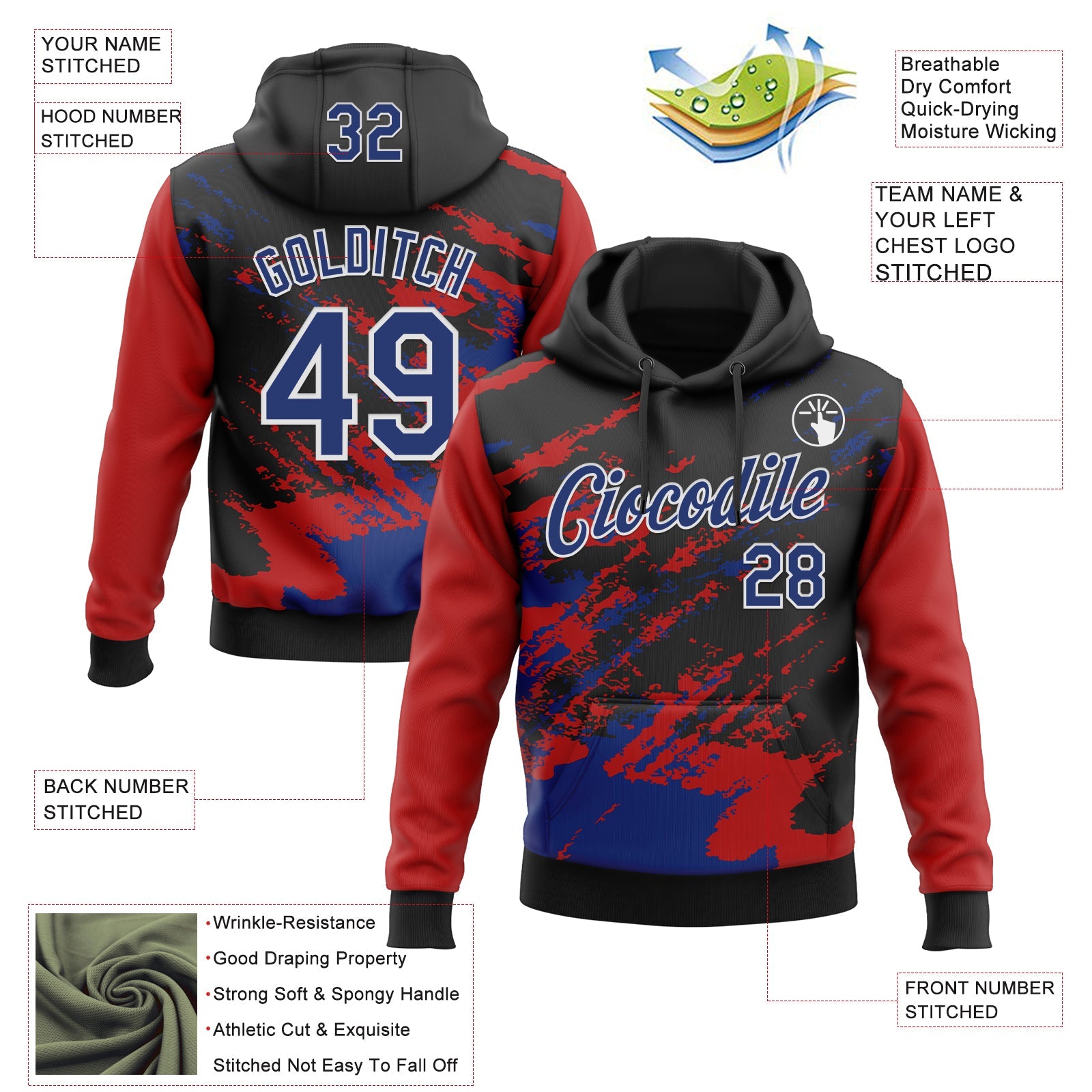 Custom Stitched Black Royal Red-White 3D Pattern Design Abstract Fragment Art Splash Sports Pullover Sweatshirt Hoodie view 2