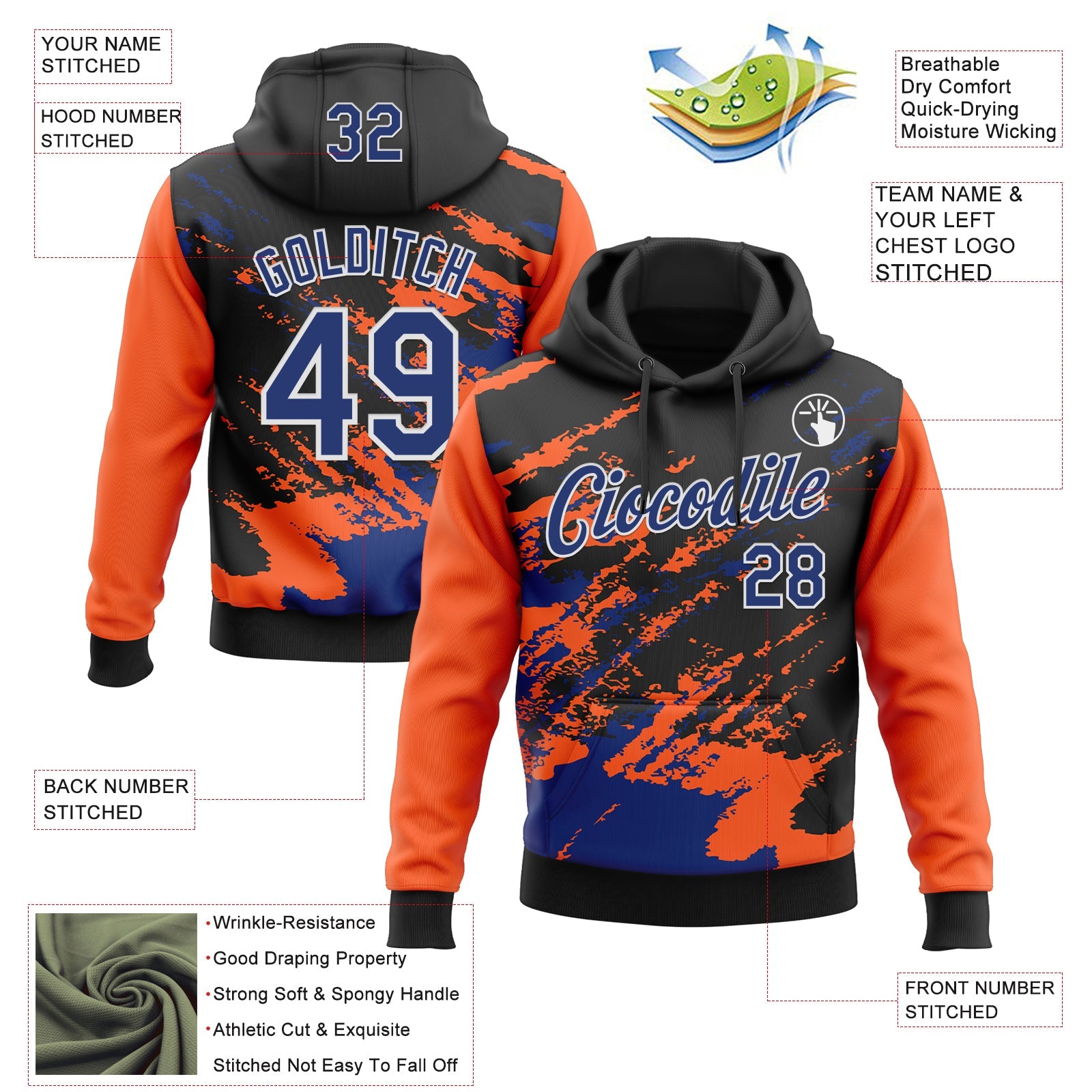Custom Stitched Black Royal Orange-White 3D Pattern Design Abstract Fragment Art Splash Sports Pullover Sweatshirt Hoodie view 2