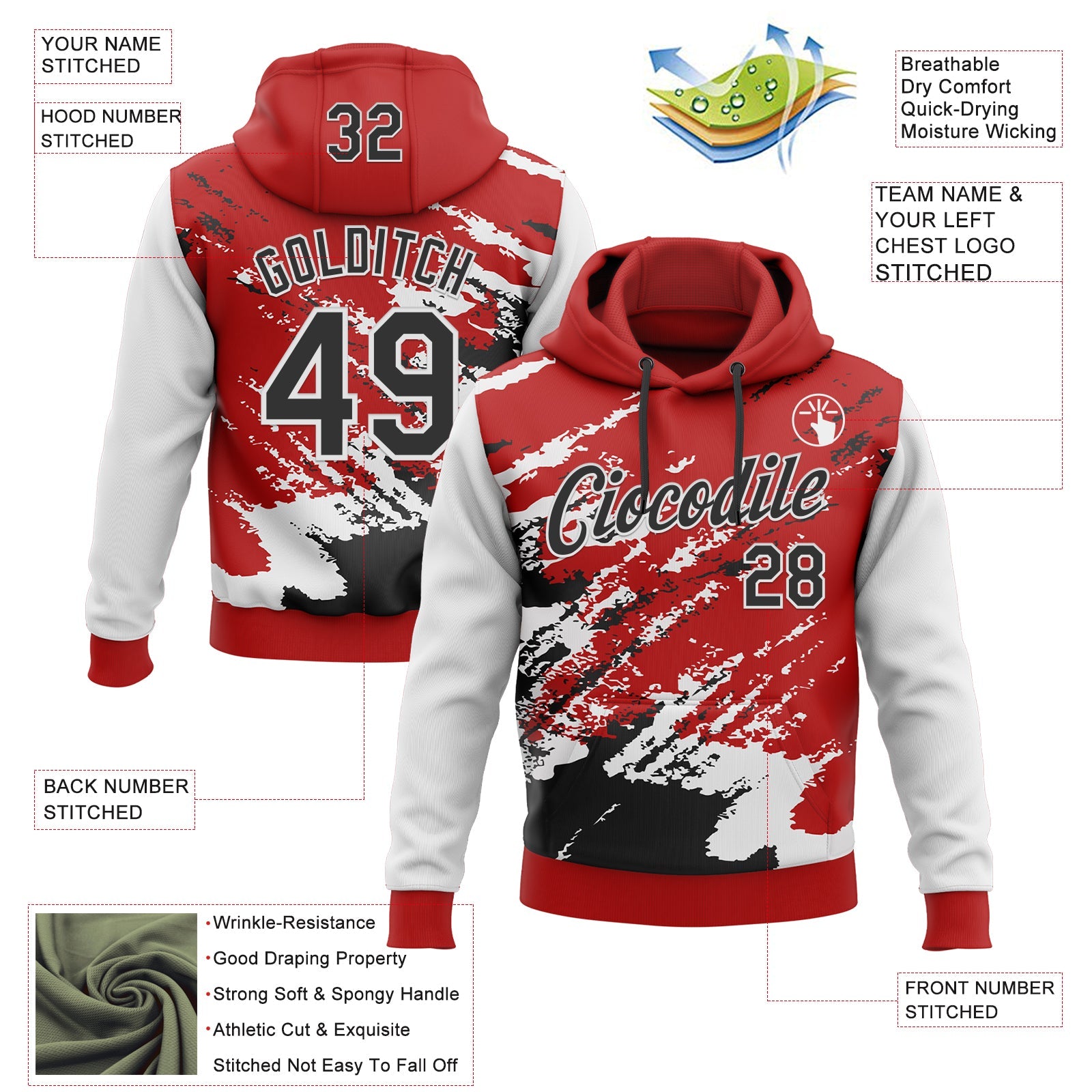 Custom Stitched Red Black-White 3D Pattern Design Abstract Fragment Art Splash Sports Pullover Sweatshirt Hoodie view 2