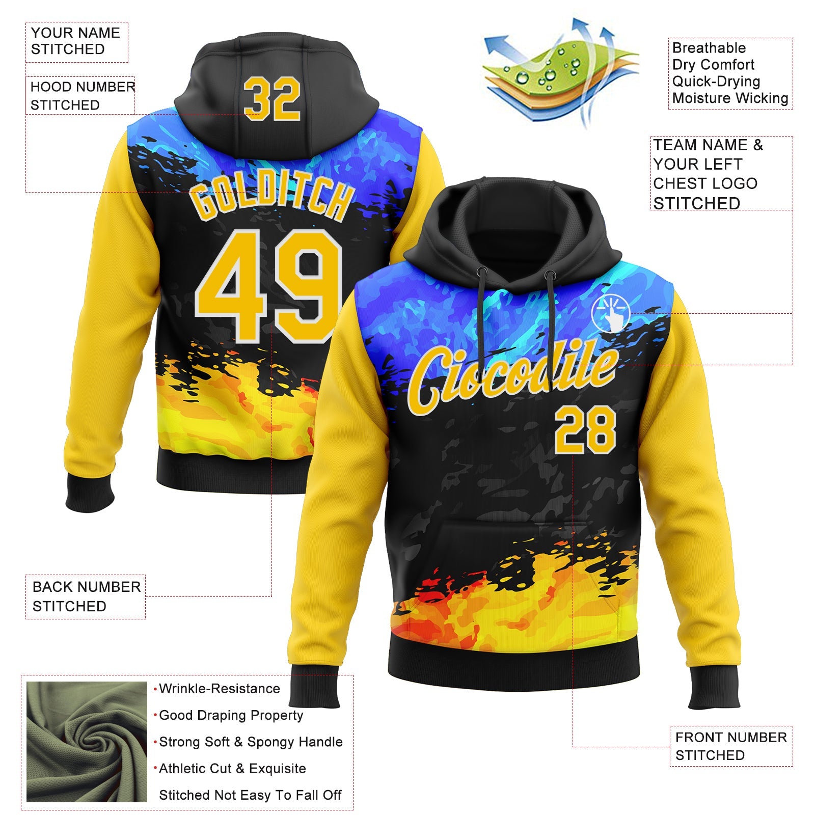 Custom Stitched Black Yellow Blue-White 3D Pattern Design Splash Sports Pullover Sweatshirt Hoodie view 2
