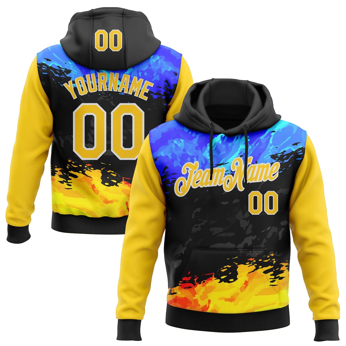 Custom Stitched Black Yellow Blue-White 3D Pattern Design Splash Sports Pullover Sweatshirt Hoodie - Main View