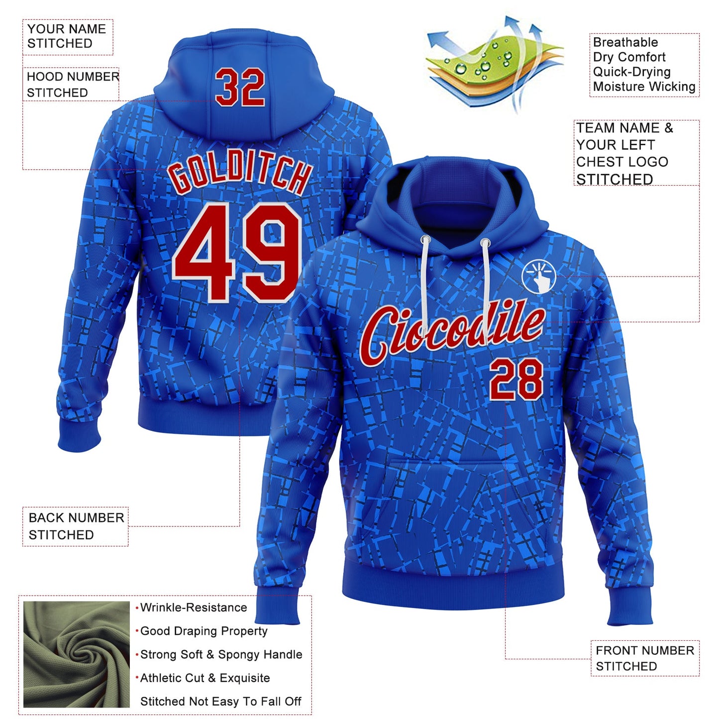 Custom Stitched Royal Red-White 3D Pattern Design Line Sports Pullover Sweatshirt Hoodie view 2