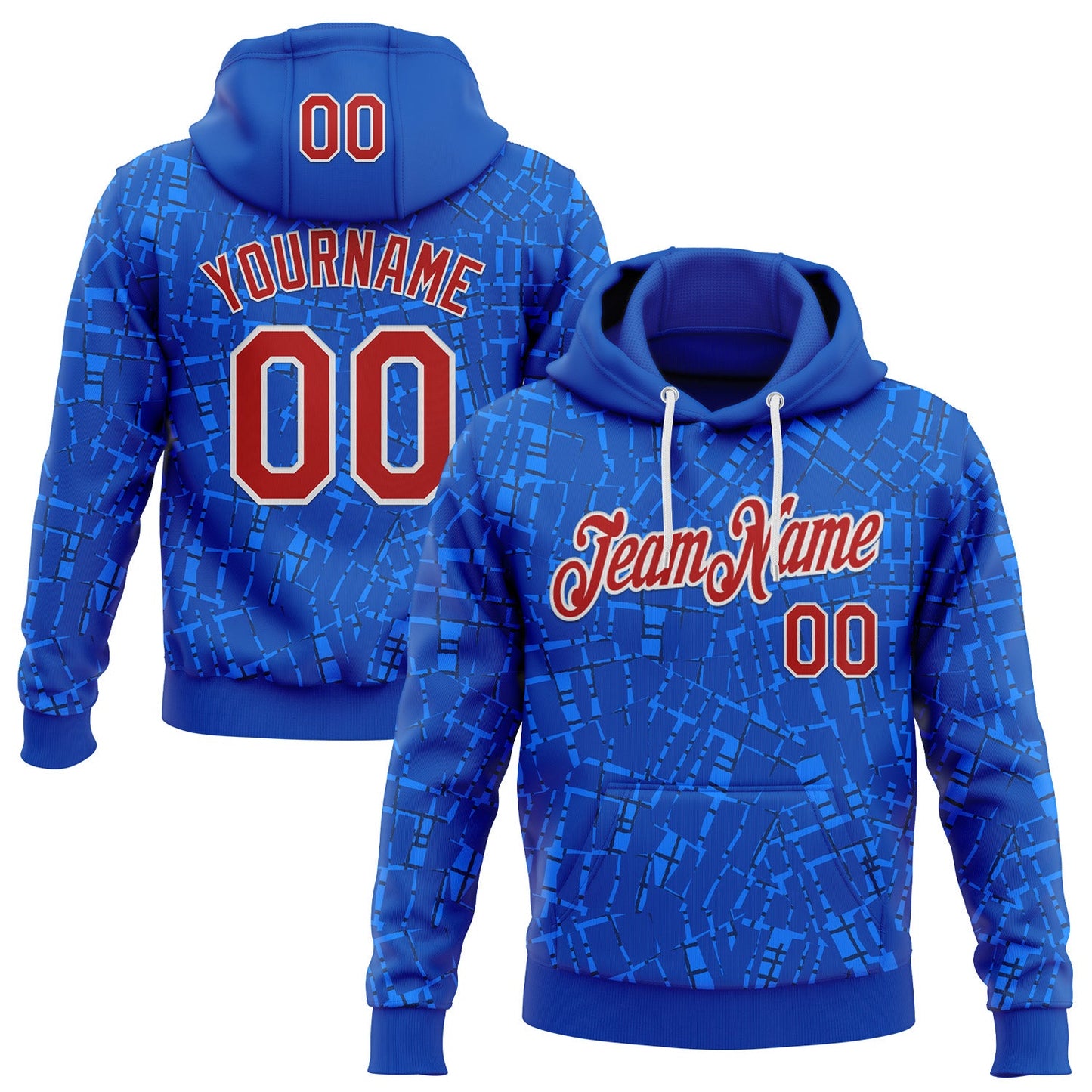 Custom Stitched Royal Red-White 3D Pattern Design Line Sports Pullover Sweatshirt Hoodie - Main View