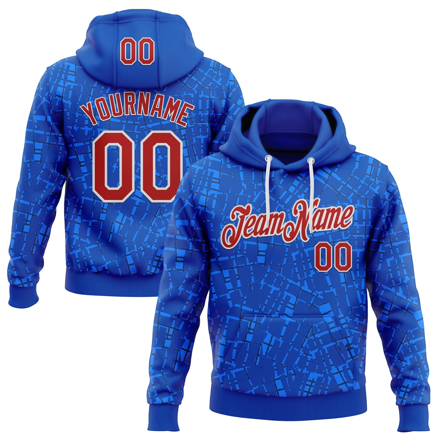 Custom Stitched Royal Red-White 3D Pattern Design Line Sports Pullover Sweatshirt Hoodie - Main View