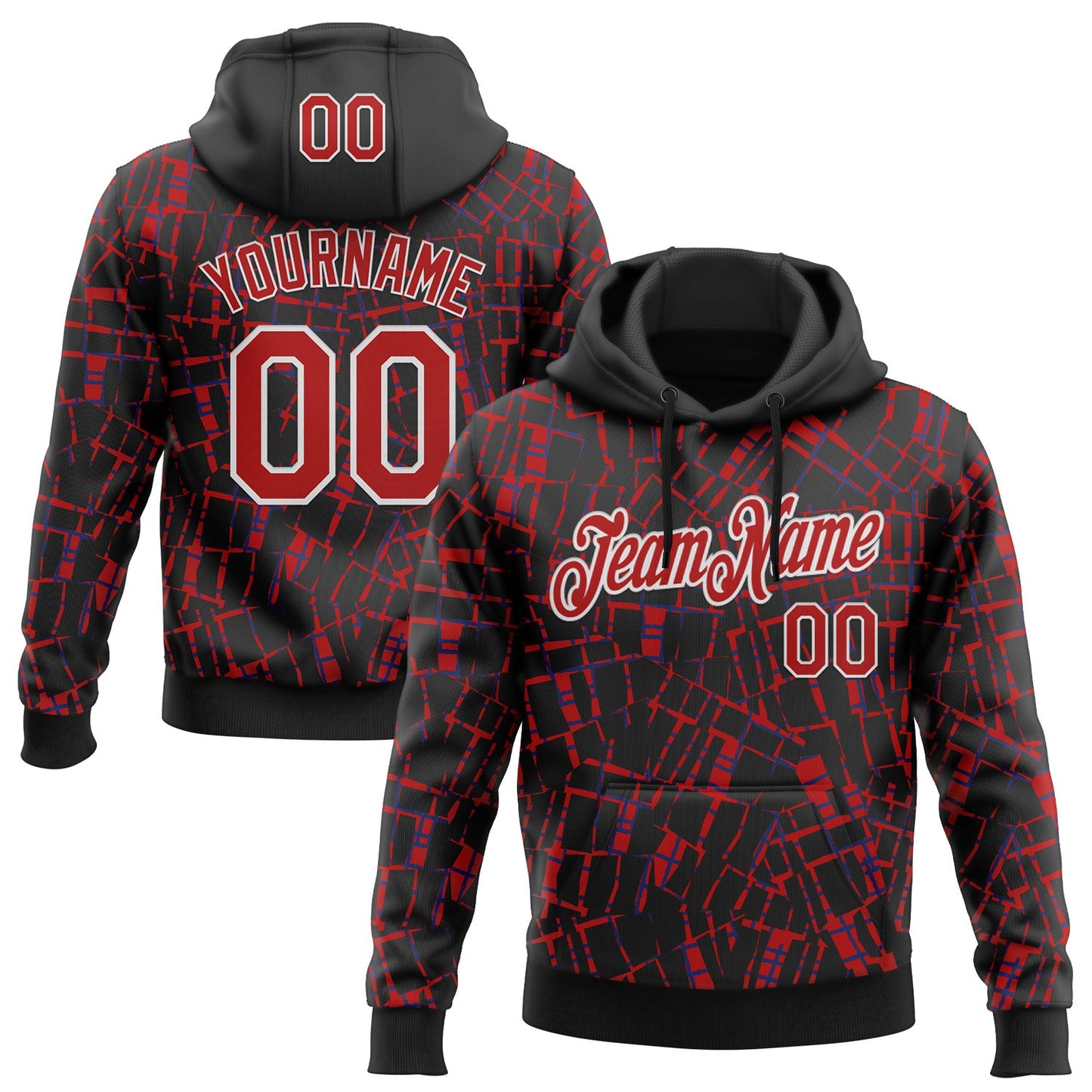 Custom Stitched Black Red-White 3D Pattern Design Line Sports Pullover Sweatshirt Hoodie - Main View