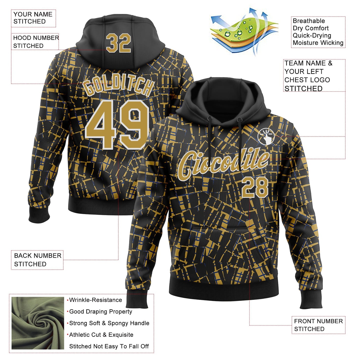 Custom Stitched Black Old Gold-White 3D Pattern Design Line Sports Pullover Sweatshirt Hoodie view 2