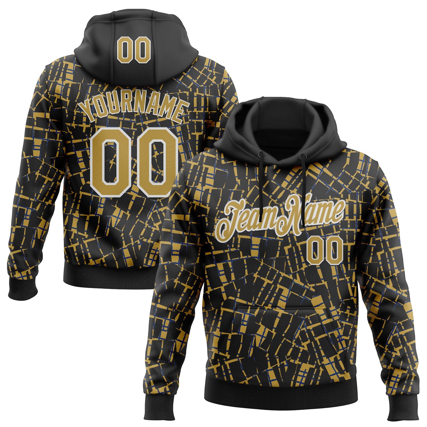 Custom Stitched Black Old Gold-White 3D Pattern Design Line Sports Pullover Sweatshirt Hoodie - Main View