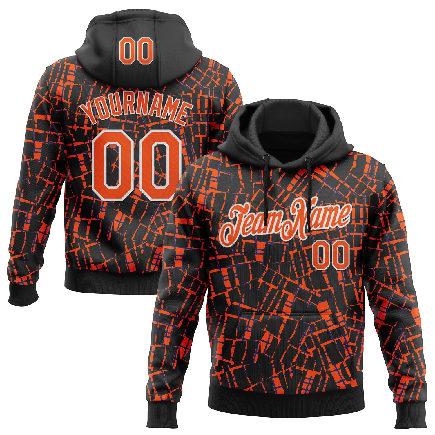 Custom Stitched Black Orange-White 3D Pattern Design Line Sports Pullover Sweatshirt Hoodie - Main View