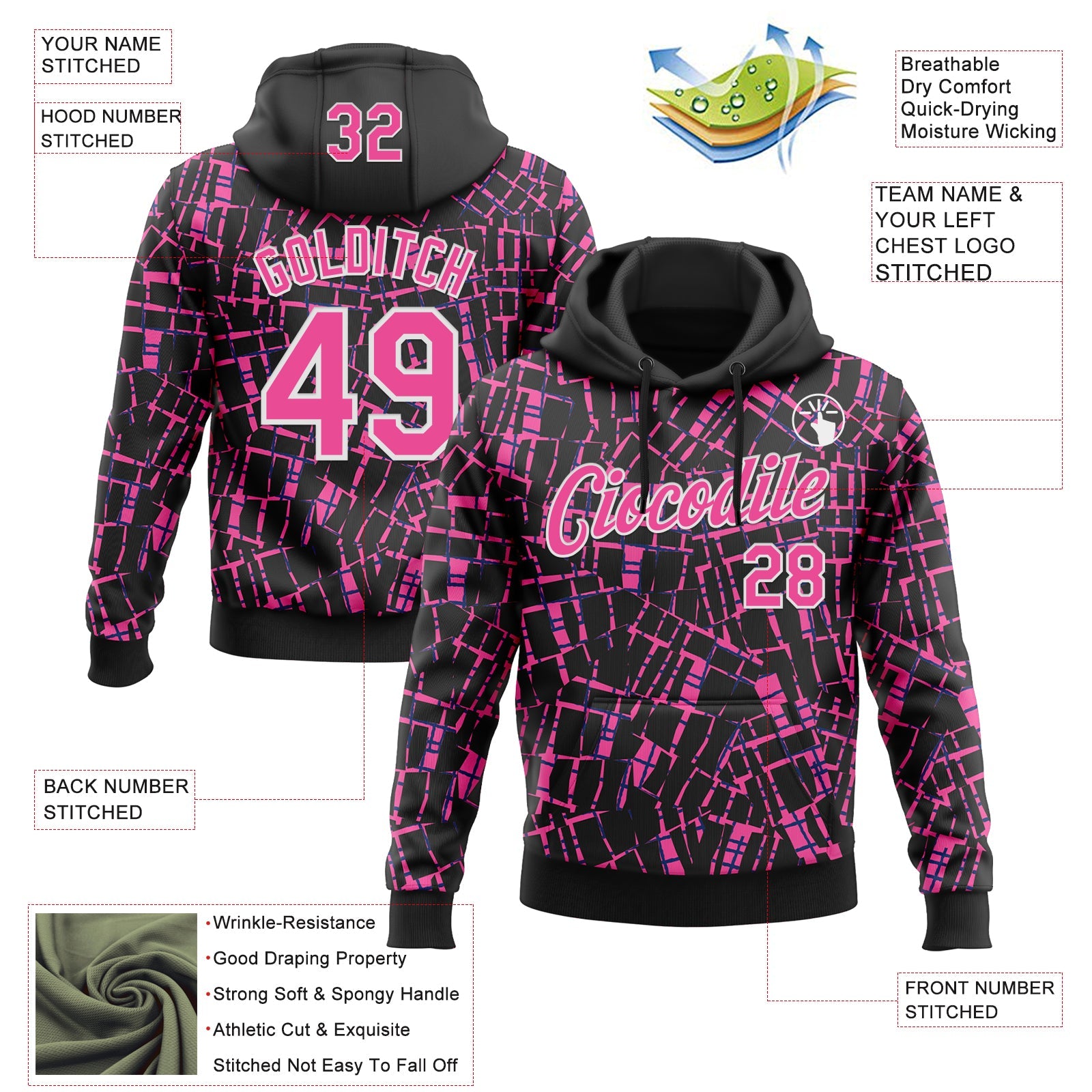 Custom Stitched Black Pink-White 3D Pattern Design Line Sports Pullover Sweatshirt Hoodie view 2