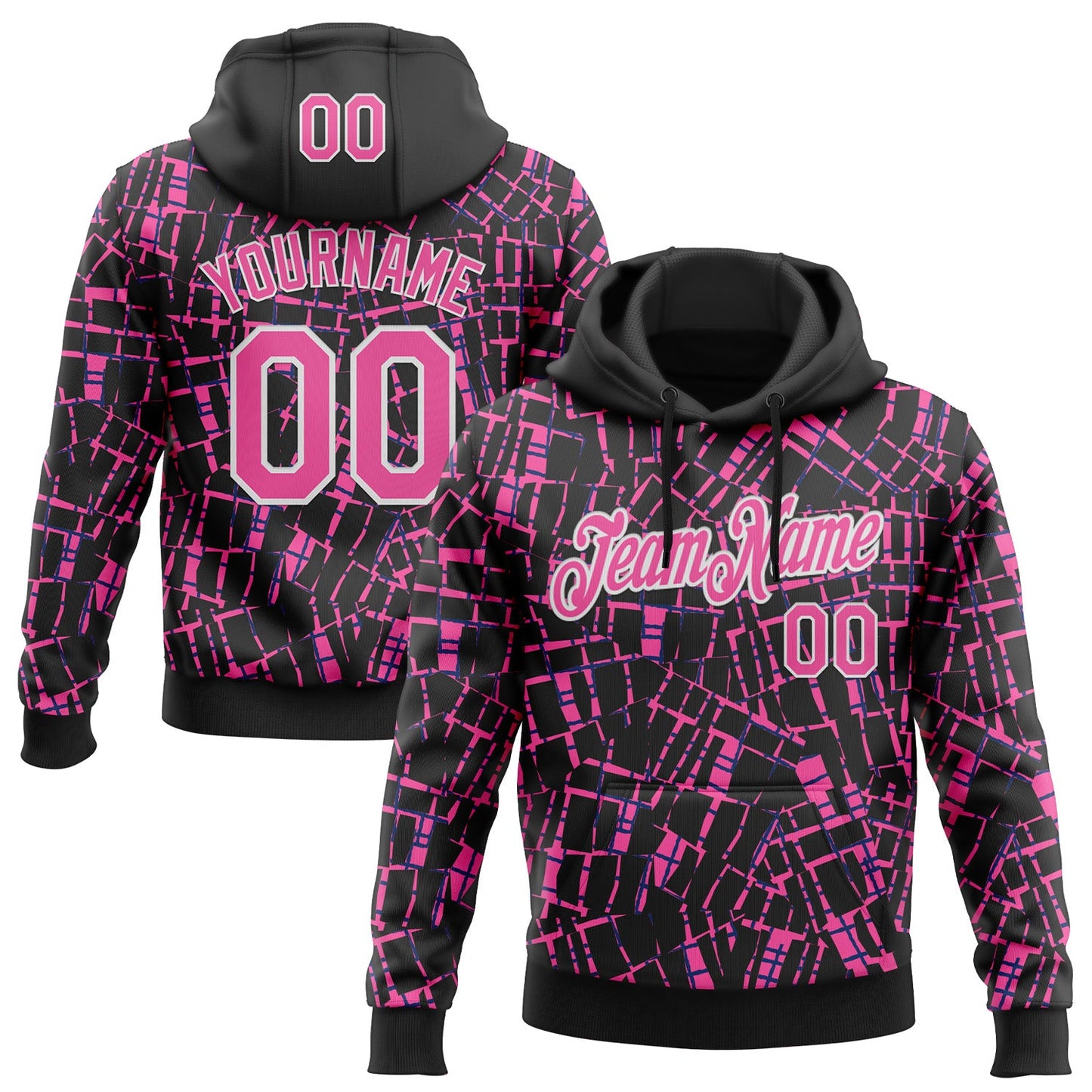 Custom Stitched Black Pink-White 3D Pattern Design Line Sports Pullover Sweatshirt Hoodie - Main View