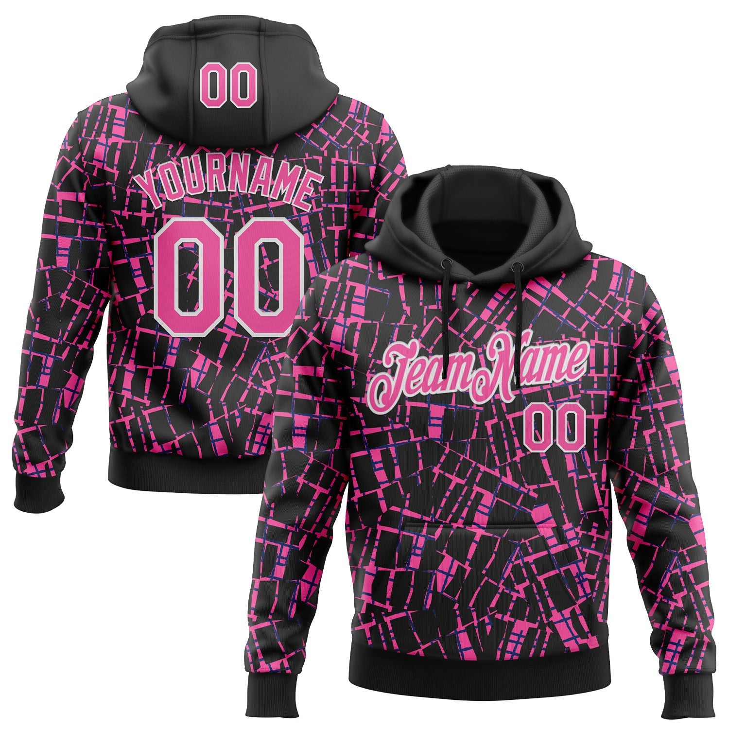 Custom Stitched Black Pink-White 3D Pattern Design Line Sports Pullover Sweatshirt Hoodie - Main View