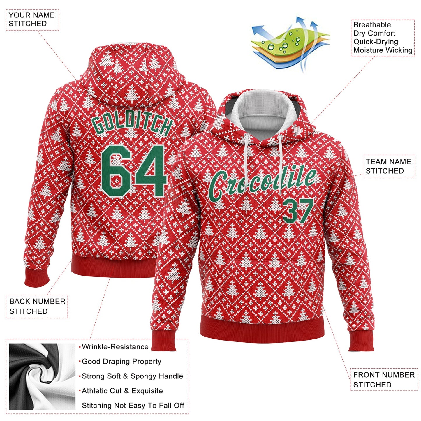 Custom Stitched Red Kelly Green-White 3D Christmas Trees Sports Pullover Sweatshirt Hoodie view 2