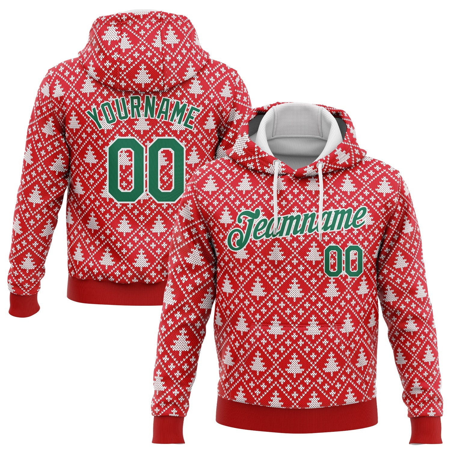 Custom Stitched Red Kelly Green-White 3D Christmas Trees Sports Pullover Sweatshirt Hoodie - Main View
