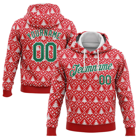 Custom Stitched Red Kelly Green-White 3D Christmas Trees Sports Pullover Sweatshirt Hoodie - Main View