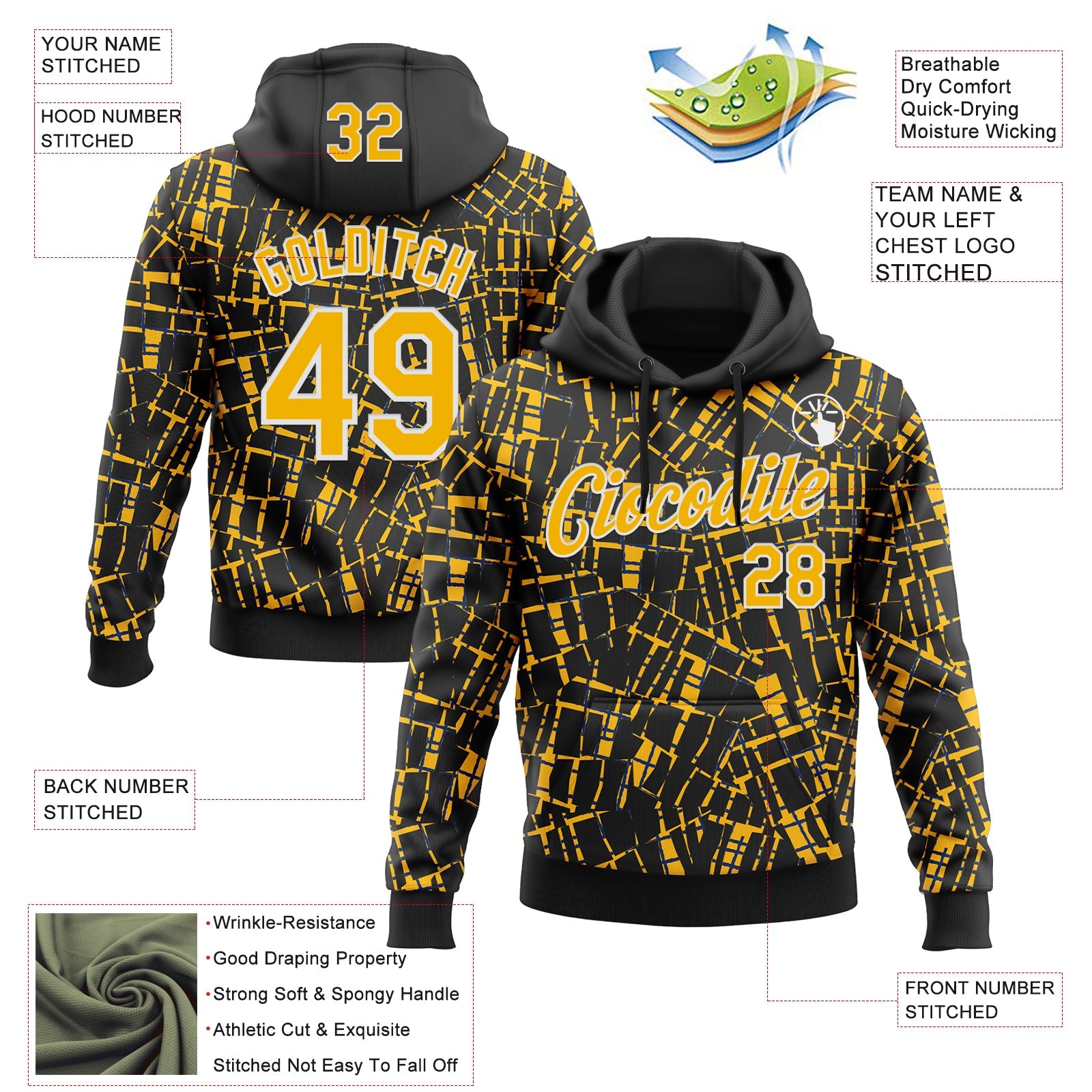 Custom Stitched Black Gold-White 3D Pattern Design Line Sports Pullover Sweatshirt Hoodie view 2