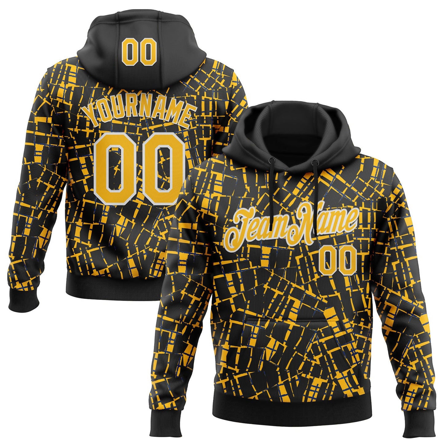 Custom Stitched Black Gold-White 3D Pattern Design Line Sports Pullover Sweatshirt Hoodie - Main View