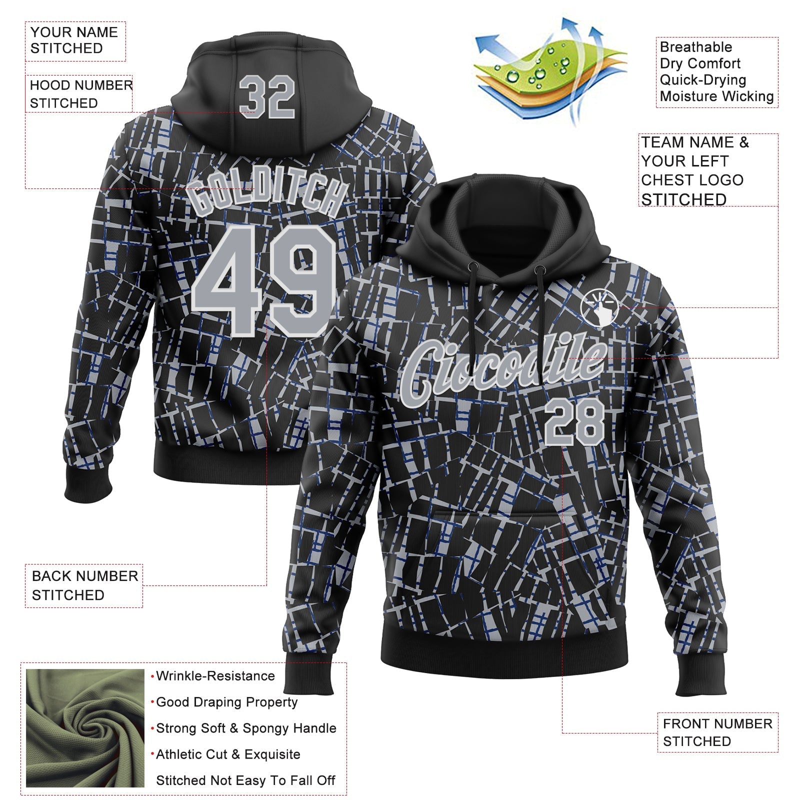 Custom Stitched Black Gray-White 3D Pattern Design Line Sports Pullover Sweatshirt Hoodie view 2
