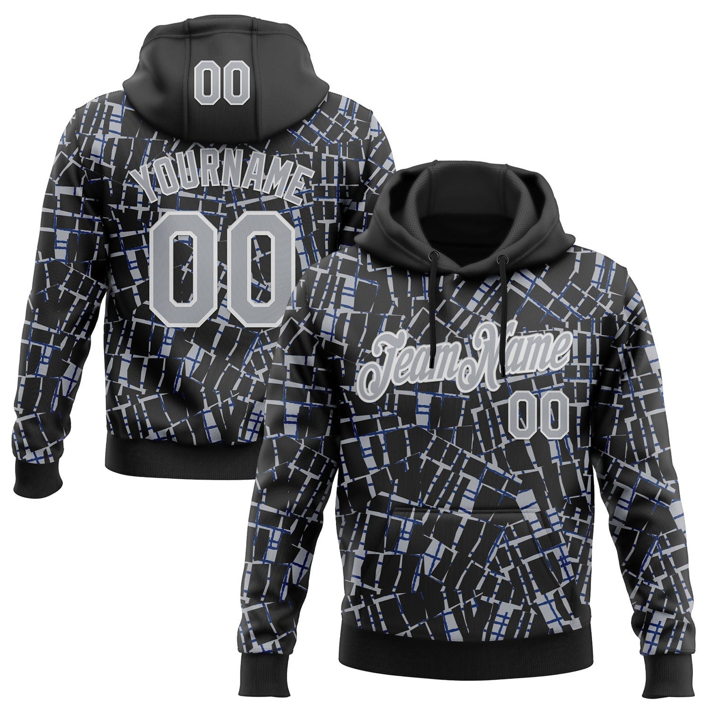 Custom Stitched Black Gray-White 3D Pattern Design Line Sports Pullover Sweatshirt Hoodie - Main View