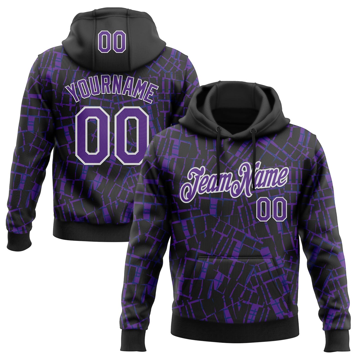Custom Stitched Black Purple-White 3D Pattern Design Line Sports Pullover Sweatshirt Hoodie - Main View