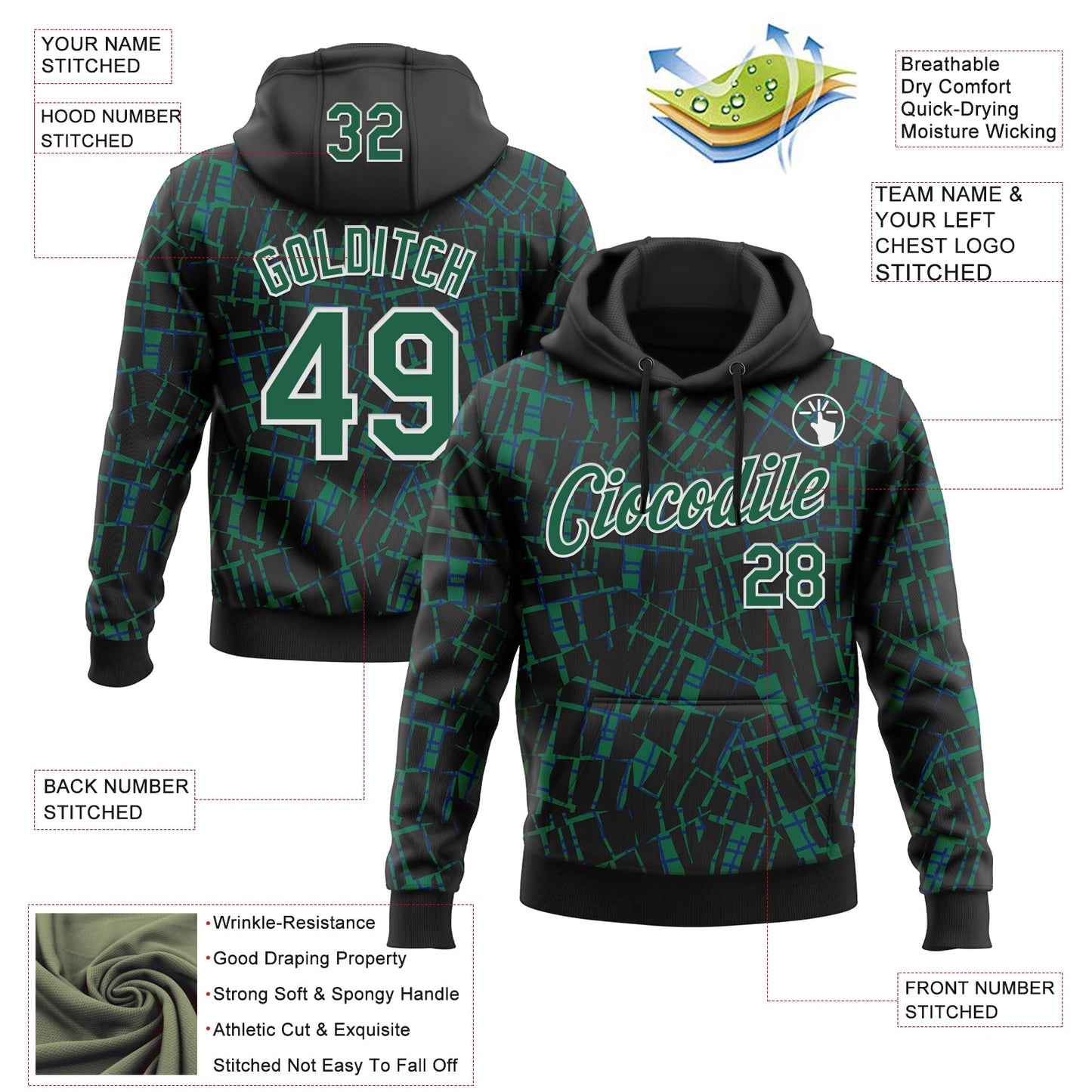 Custom Stitched Black Kelly Green-White 3D Pattern Design Line Sports Pullover Sweatshirt Hoodie view 2