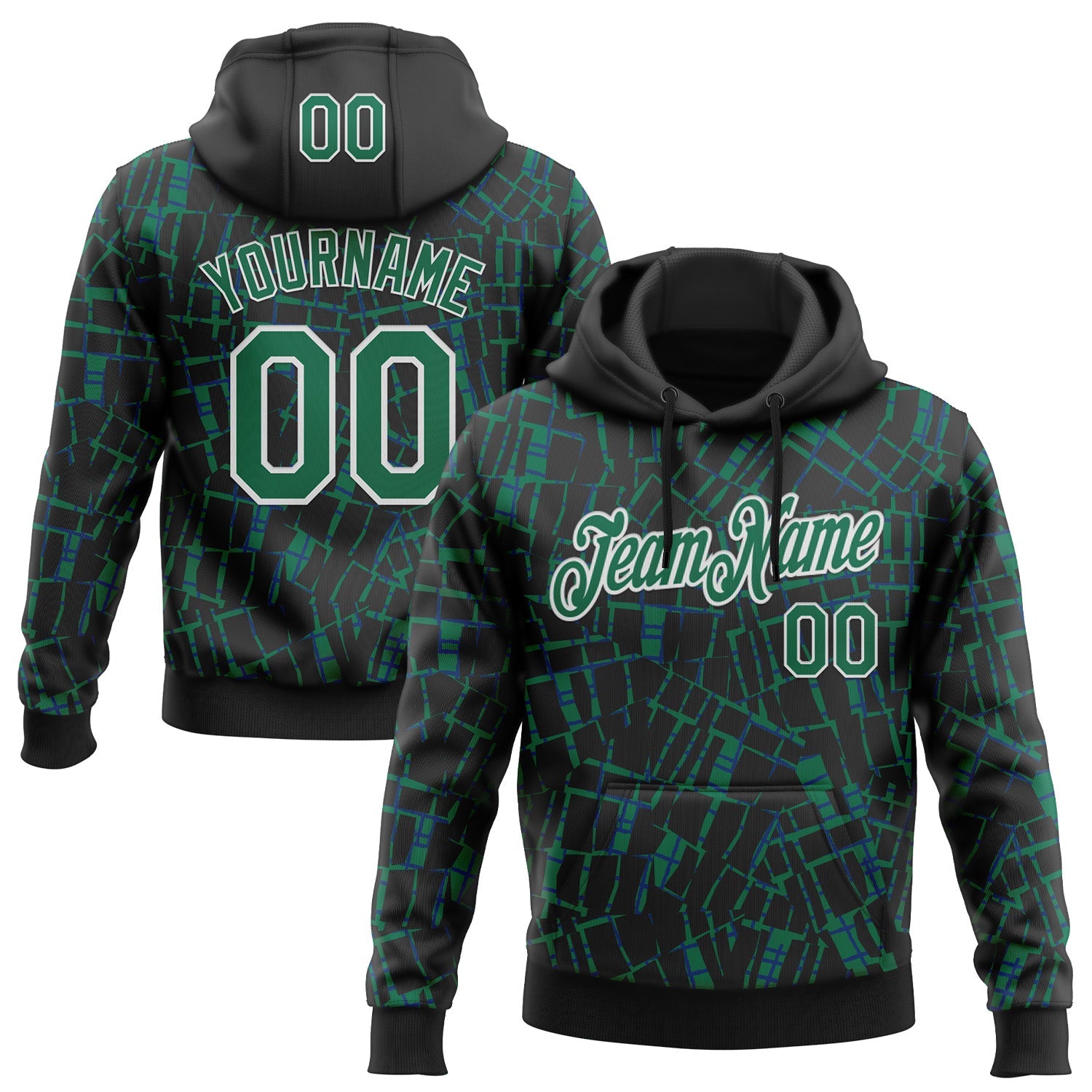 Custom Stitched Black Kelly Green-White 3D Pattern Design Line Sports Pullover Sweatshirt Hoodie - Main View