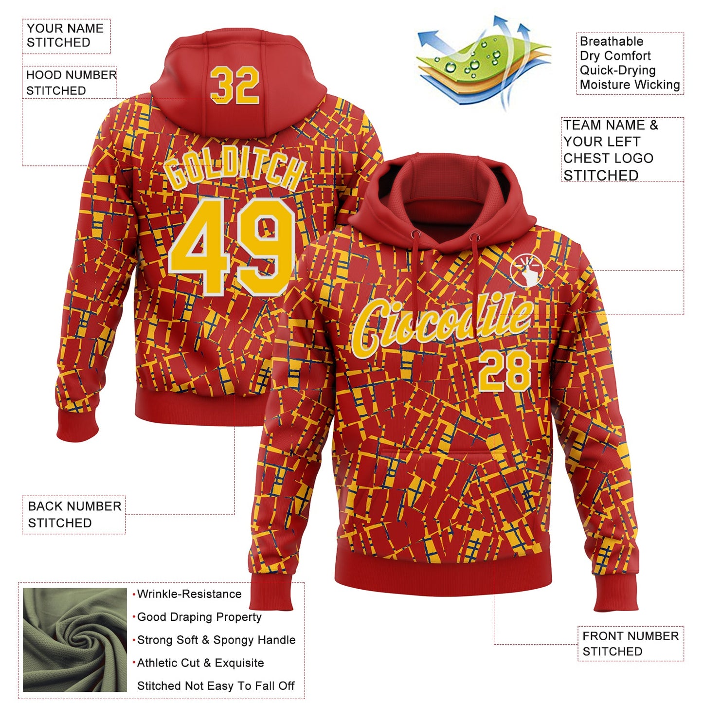 Custom Stitched Red Gold-White 3D Pattern Design Line Sports Pullover Sweatshirt Hoodie view 2