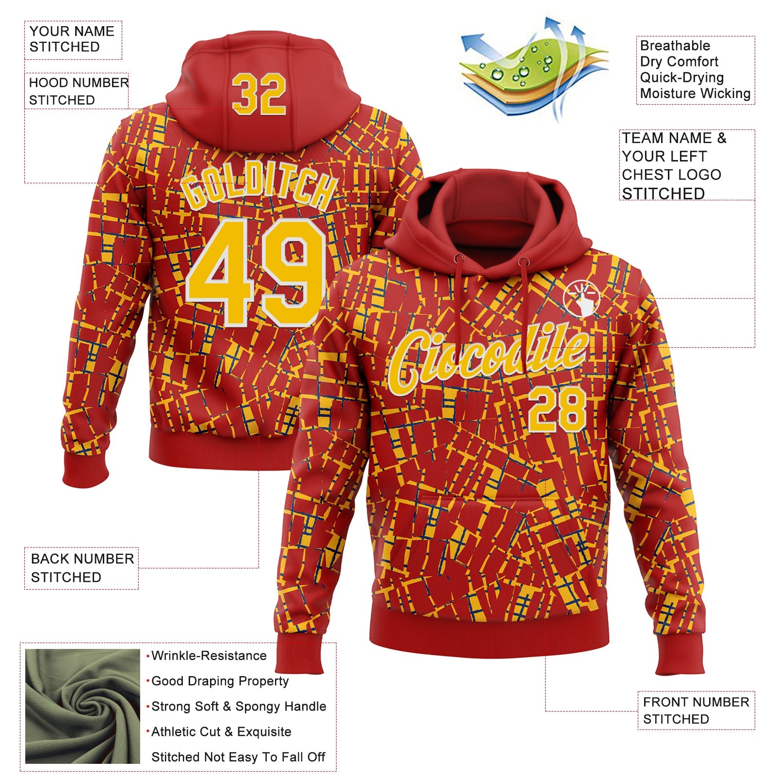 Custom Stitched Red Gold-White 3D Pattern Design Line Sports Pullover Sweatshirt Hoodie view 2