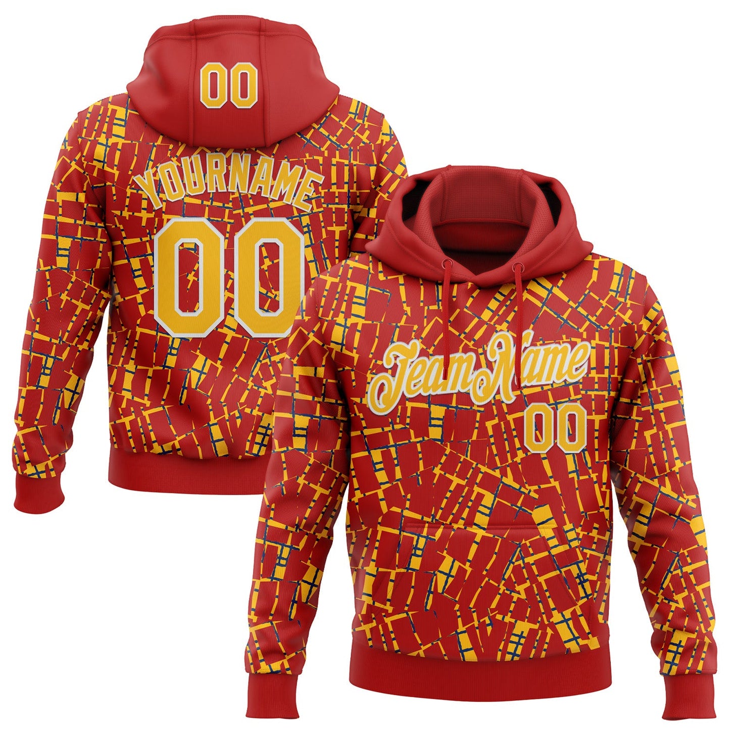 Custom Stitched Red Gold-White 3D Pattern Design Line Sports Pullover Sweatshirt Hoodie - Main View