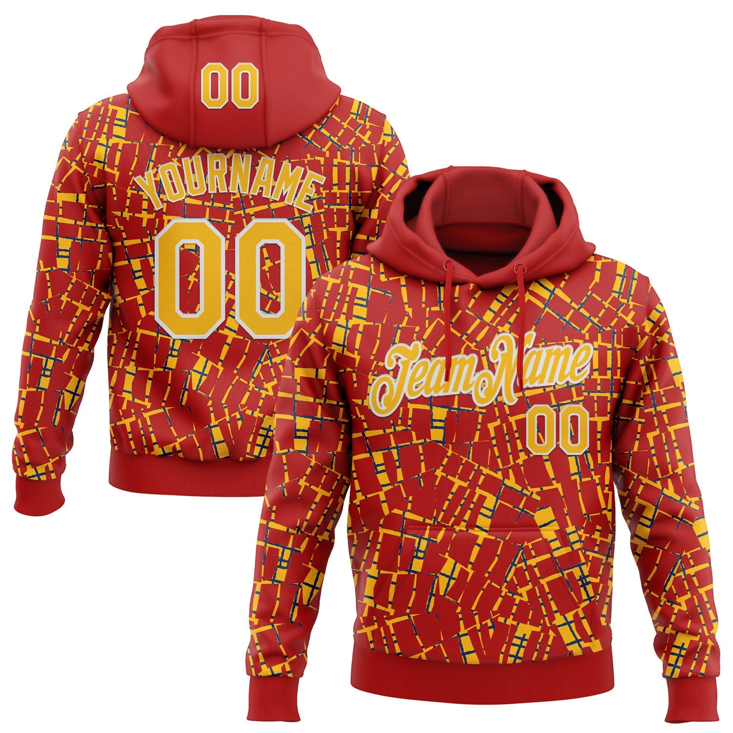 Custom Stitched Red Gold-White 3D Pattern Design Line Sports Pullover Sweatshirt Hoodie - Main View