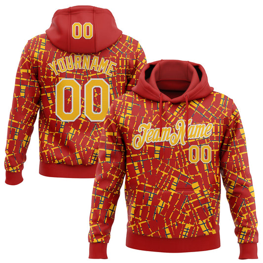 Custom Stitched Red Gold-White 3D Pattern Design Line Sports Pullover Sweatshirt Hoodie - Main View