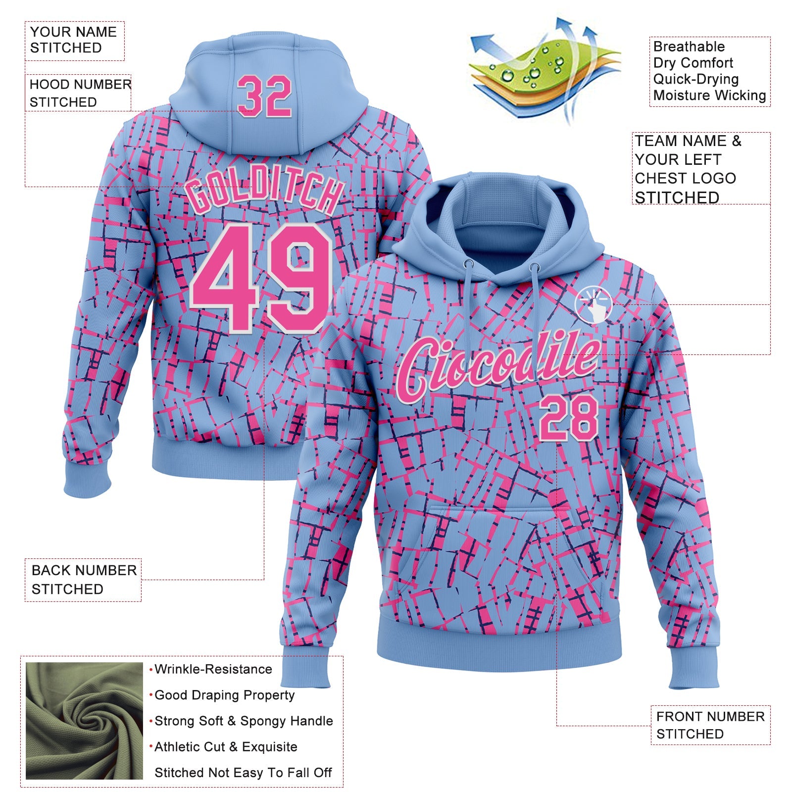 Custom Stitched Light Blue Pink-White 3D Pattern Design Line Sports Pullover Sweatshirt Hoodie view 2