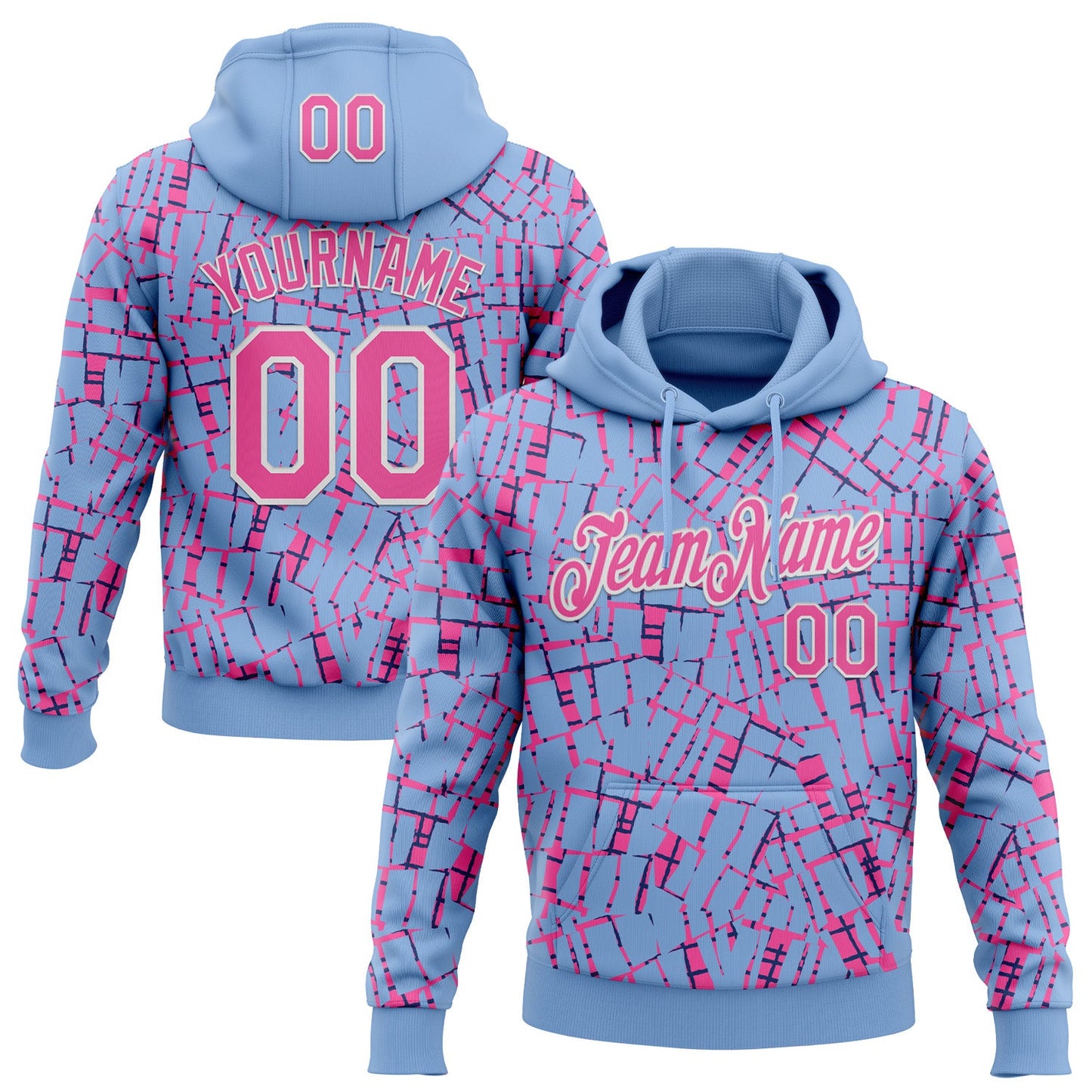 Custom Stitched Light Blue Pink-White 3D Pattern Design Line Sports Pullover Sweatshirt Hoodie - Main View