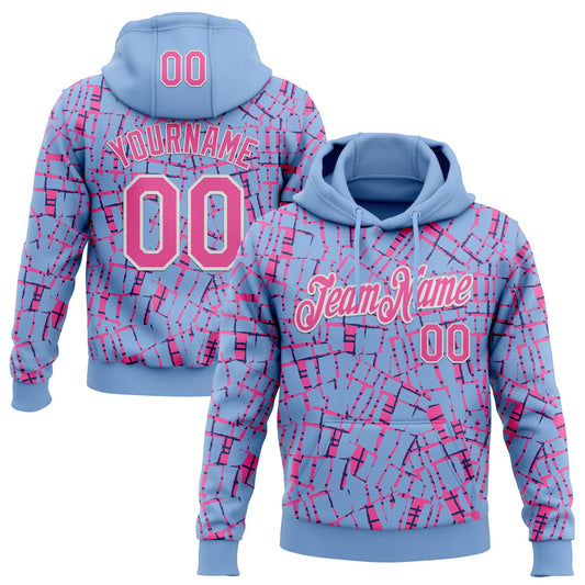 Custom Stitched Light Blue Pink-White 3D Pattern Design Line Sports Pullover Sweatshirt Hoodie - Main View