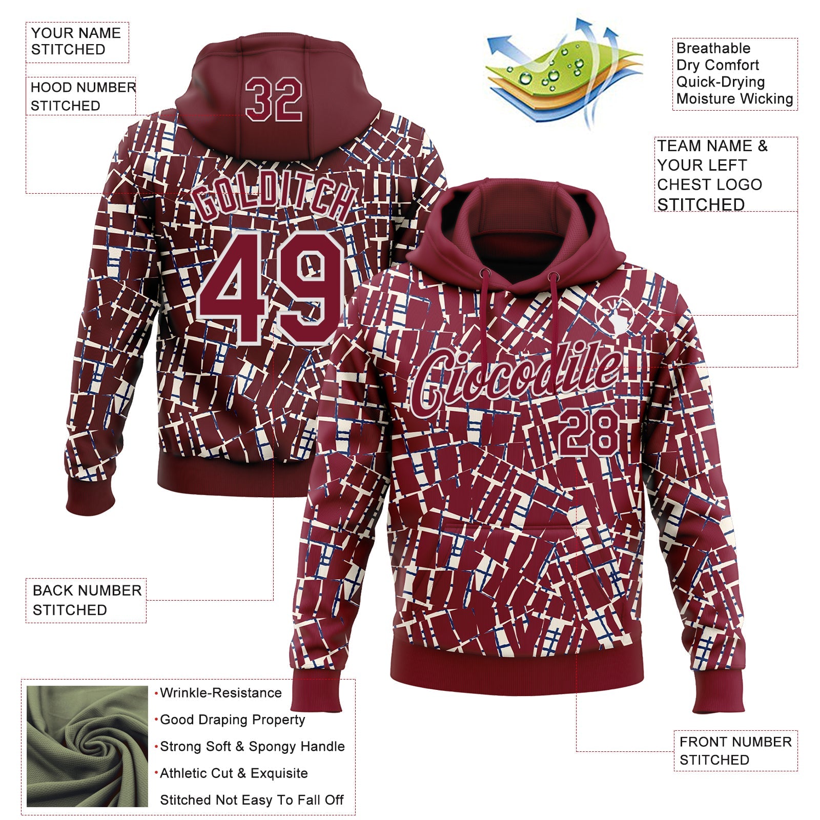 Custom Stitched Crimson White 3D Pattern Design Line Sports Pullover Sweatshirt Hoodie view 2