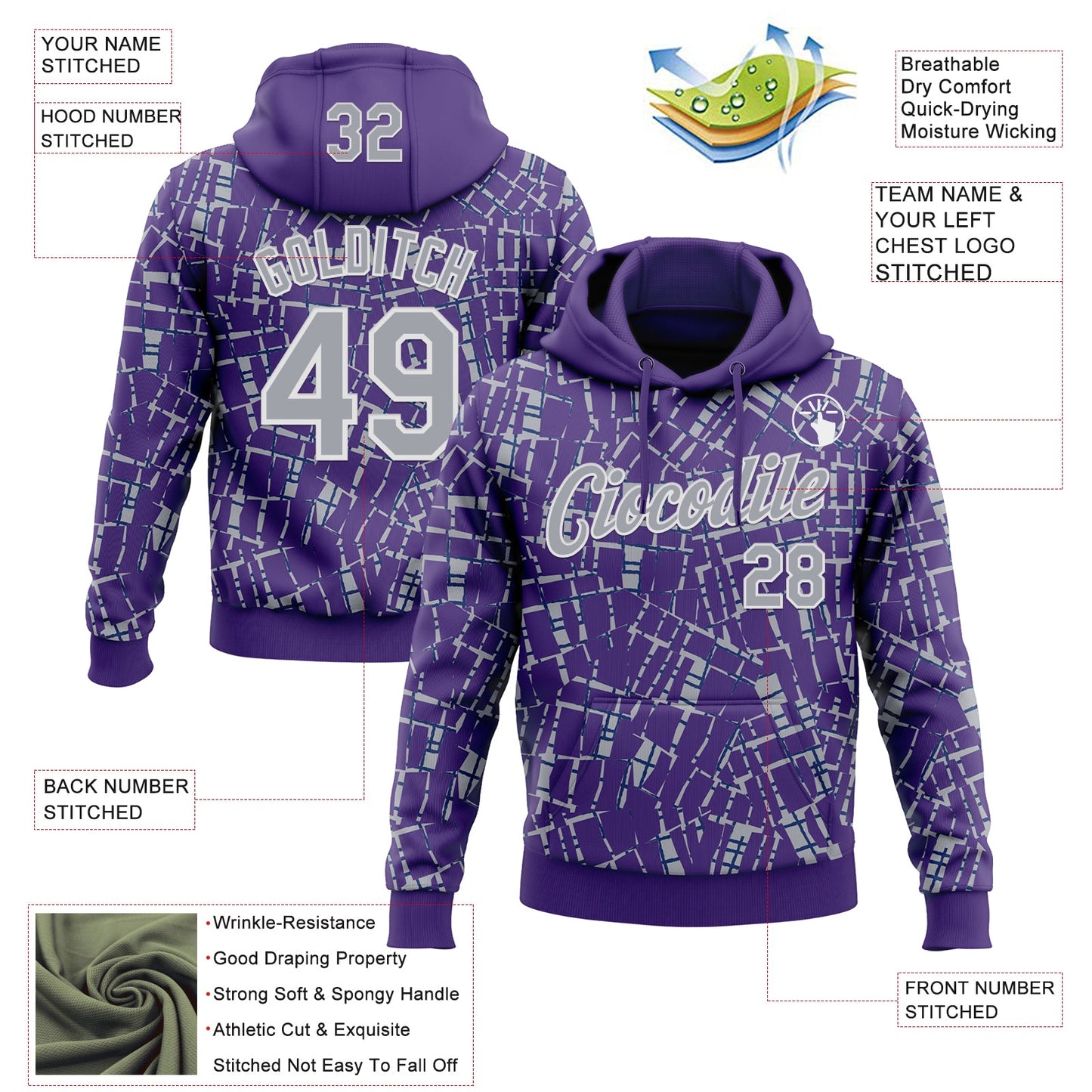 Custom Stitched Purple Gray-White 3D Pattern Design Line Sports Pullover Sweatshirt Hoodie view 2