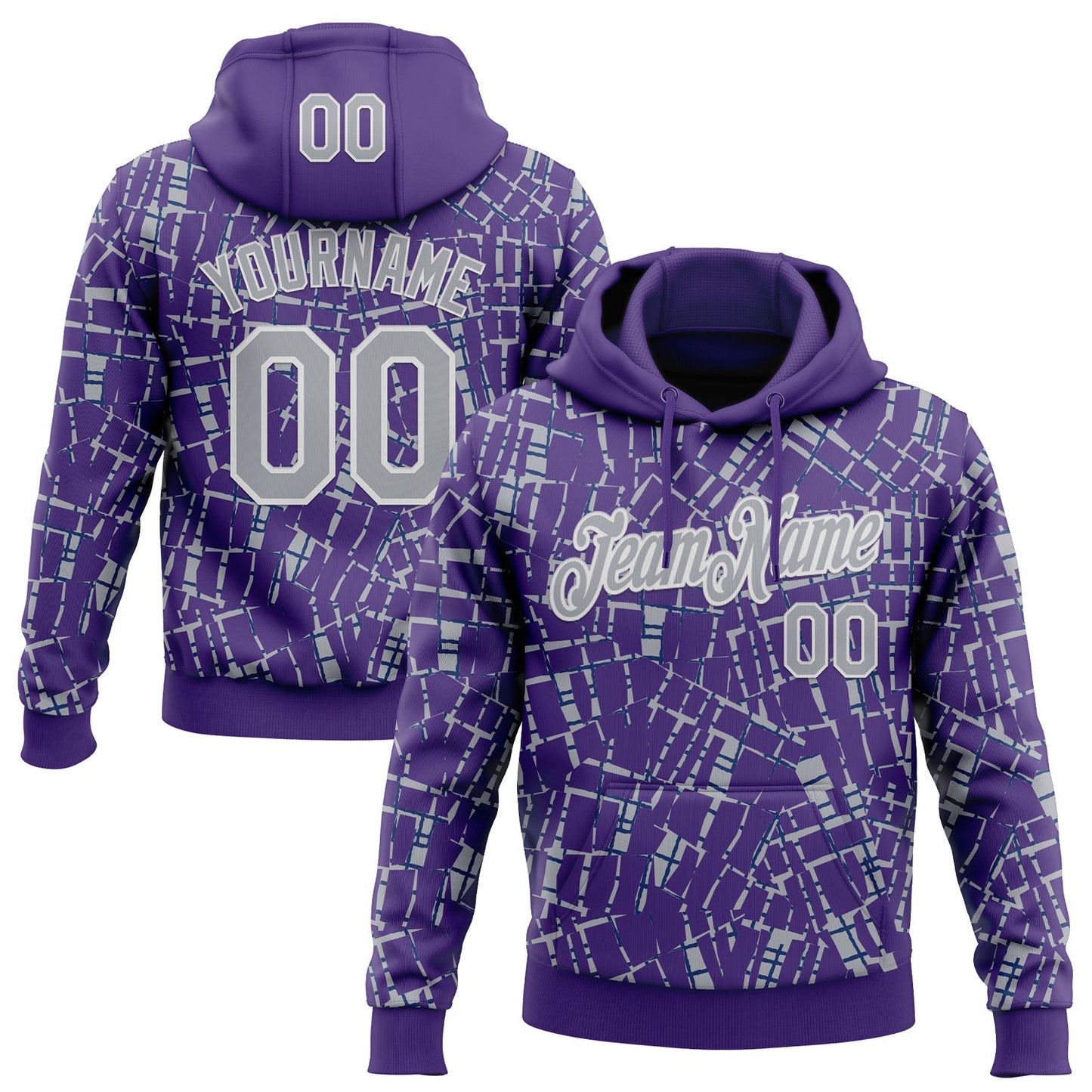 Custom Stitched Purple Gray-White 3D Pattern Design Line Sports Pullover Sweatshirt Hoodie - Main View