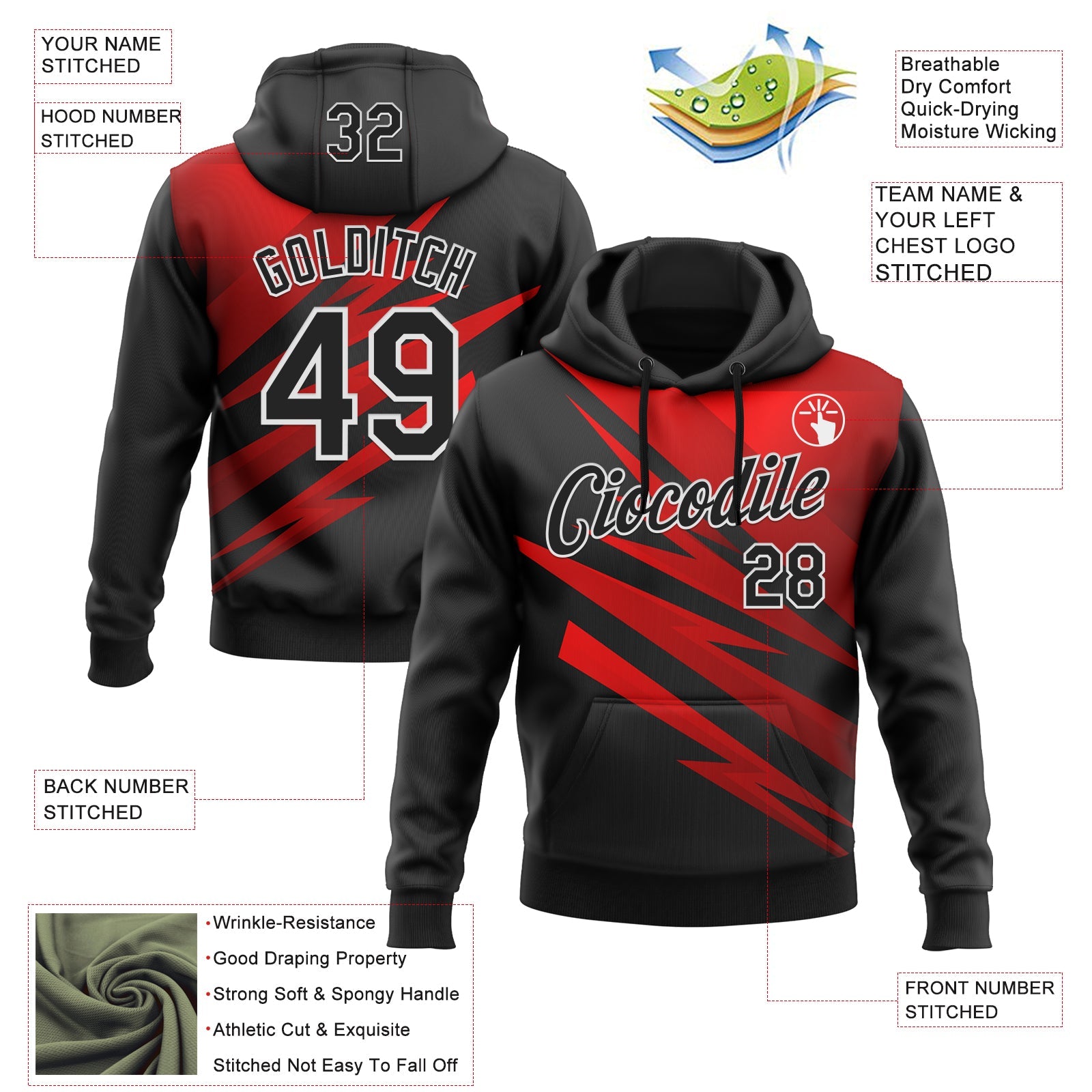 Custom Stitched Black Red-White 3D Pattern Design Line Sports Pullover Sweatshirt Hoodie view 2