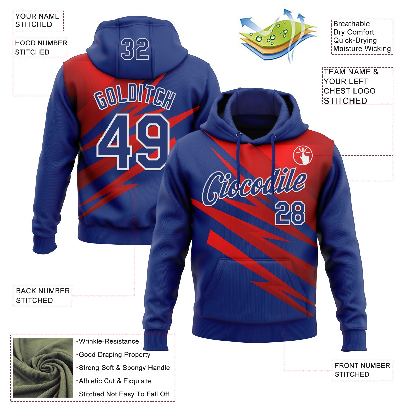 Custom Stitched Royal Red-White 3D Pattern Design Line Sports Pullover Sweatshirt Hoodie view 2
