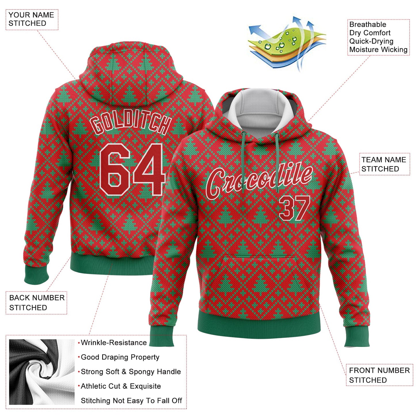 Custom Stitched Red Red-Kelly Green 3D Christmas Trees Sports Pullover Sweatshirt Hoodie view 2