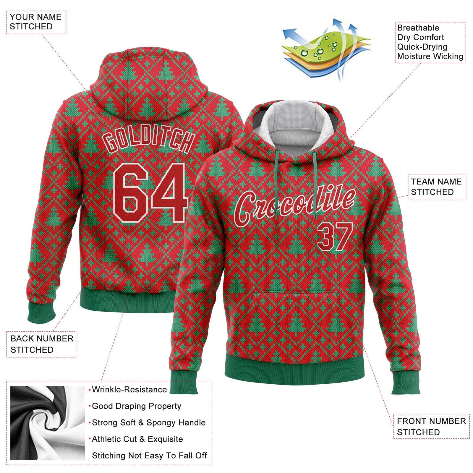 Custom Stitched Red Red-Kelly Green 3D Christmas Trees Sports Pullover Sweatshirt Hoodie view 2