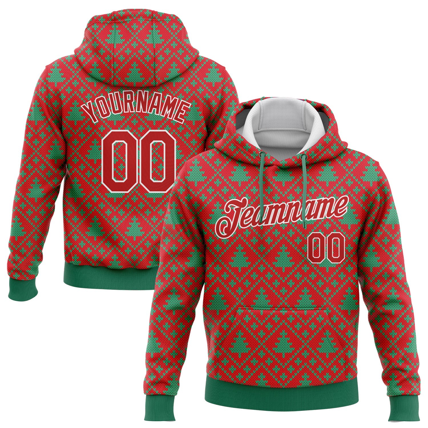 Custom Stitched Red Red-Kelly Green 3D Christmas Trees Sports Pullover Sweatshirt Hoodie - Main View
