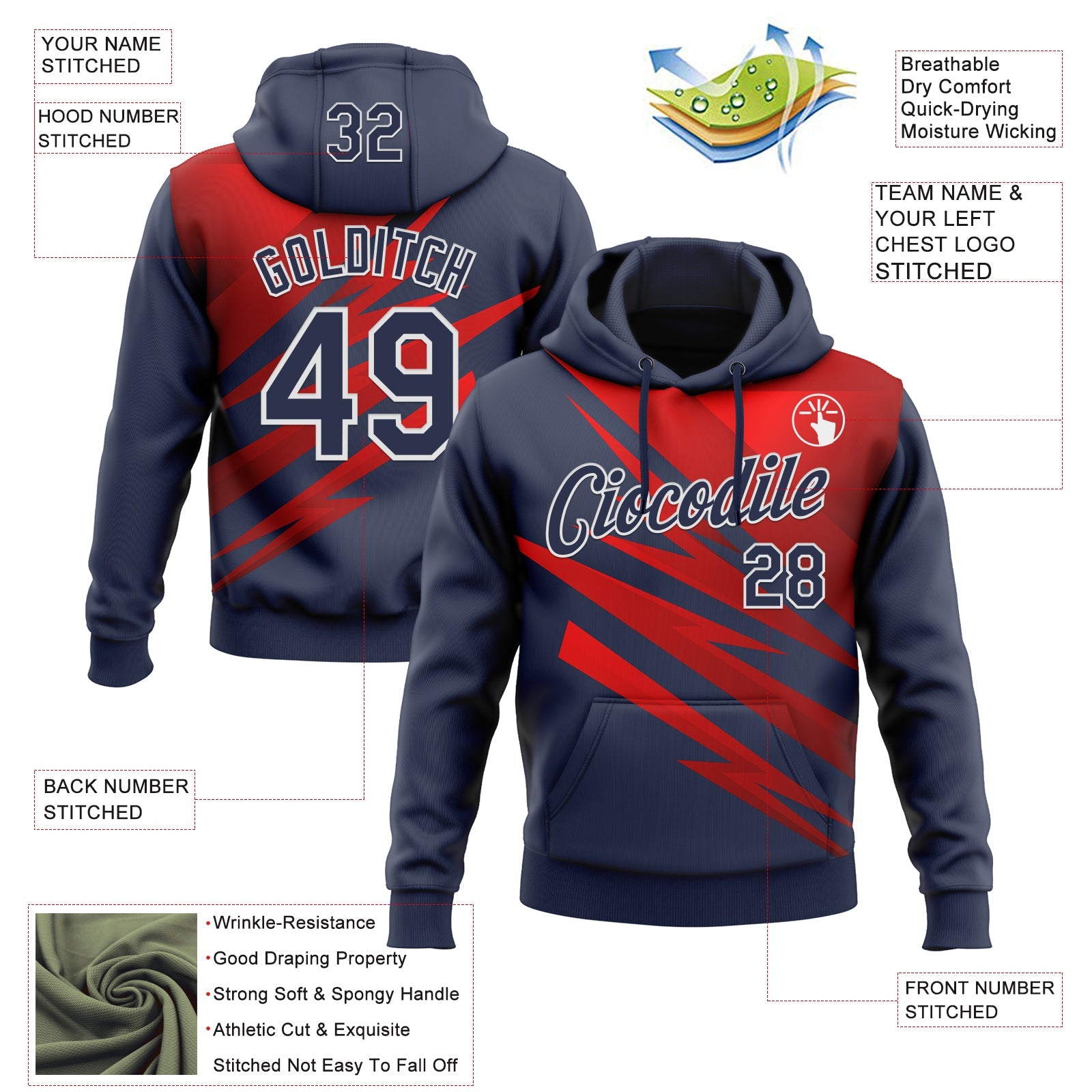 Custom Stitched Navy Red-White 3D Pattern Design Line Sports Pullover Sweatshirt Hoodie view 2