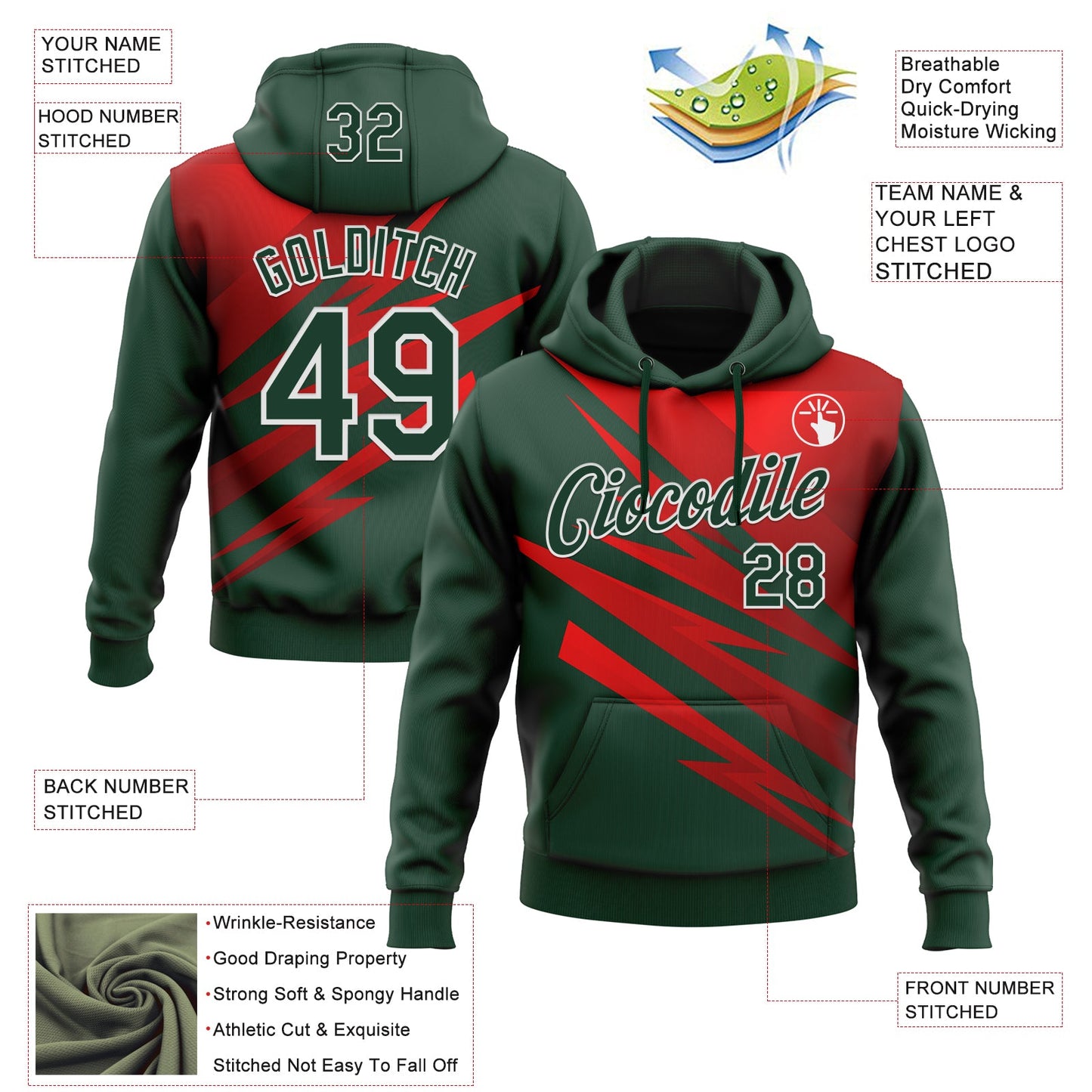 Custom Stitched Green Red-White 3D Pattern Design Line Sports Pullover Sweatshirt Hoodie view 2
