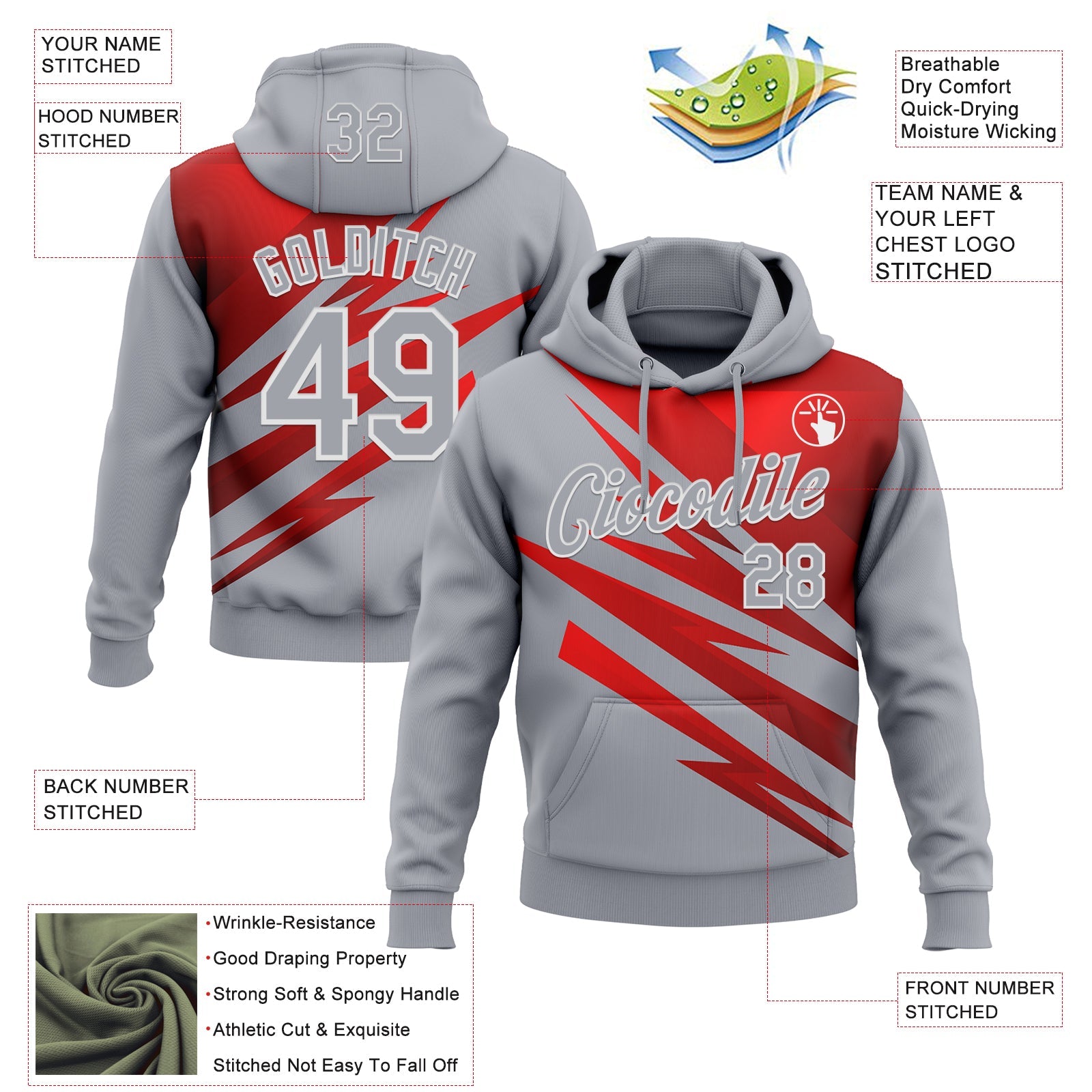 Custom Stitched Gray Red-White 3D Pattern Design Line Sports Pullover Sweatshirt Hoodie view 2